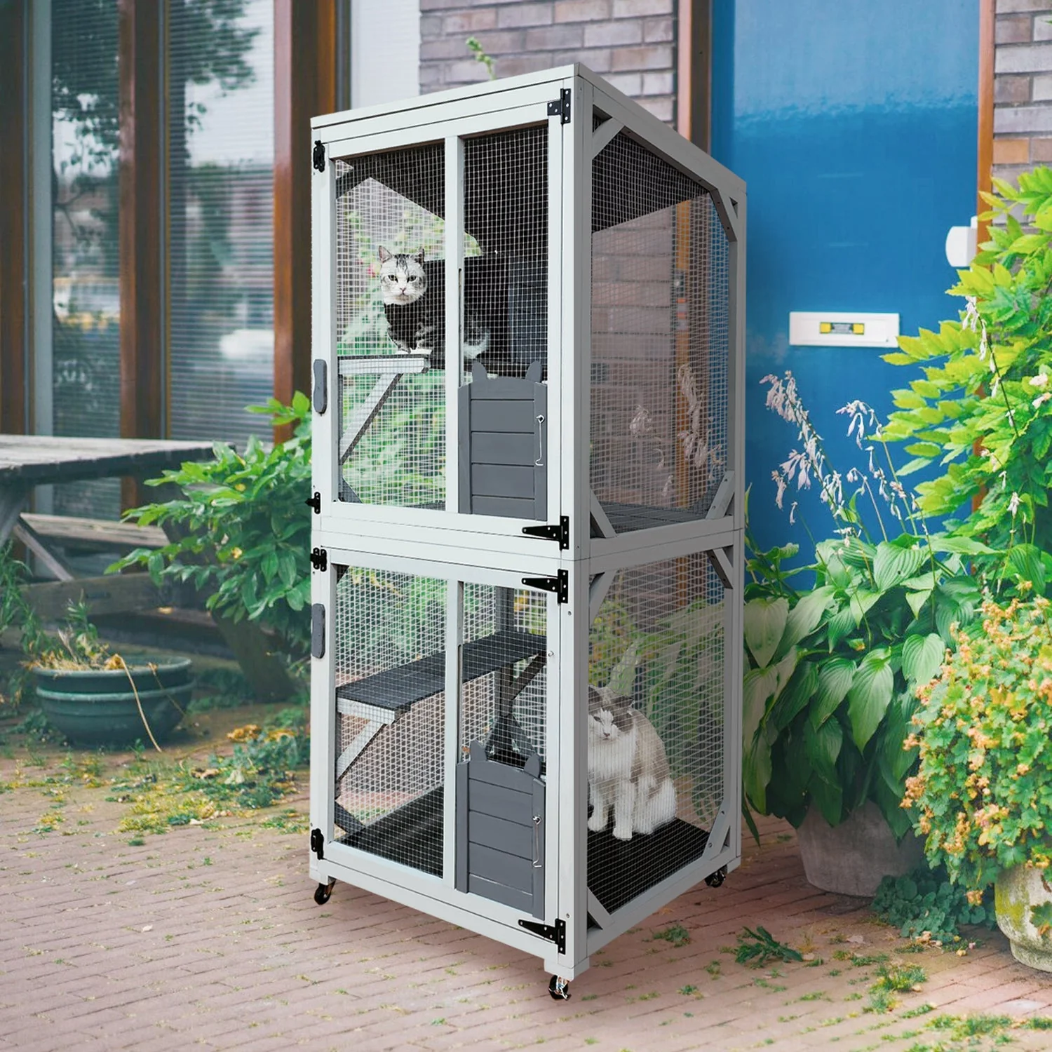 30.7'  Wooden Catio Outdoor Cat Enclosure, Luxury Cat House on Wheels with Napping House, 4 Platforms & Weatherproof Asphalt Roof, Large Kitty Cat Condo Cage Shelter Playpen with Sliding Doors - Image 2