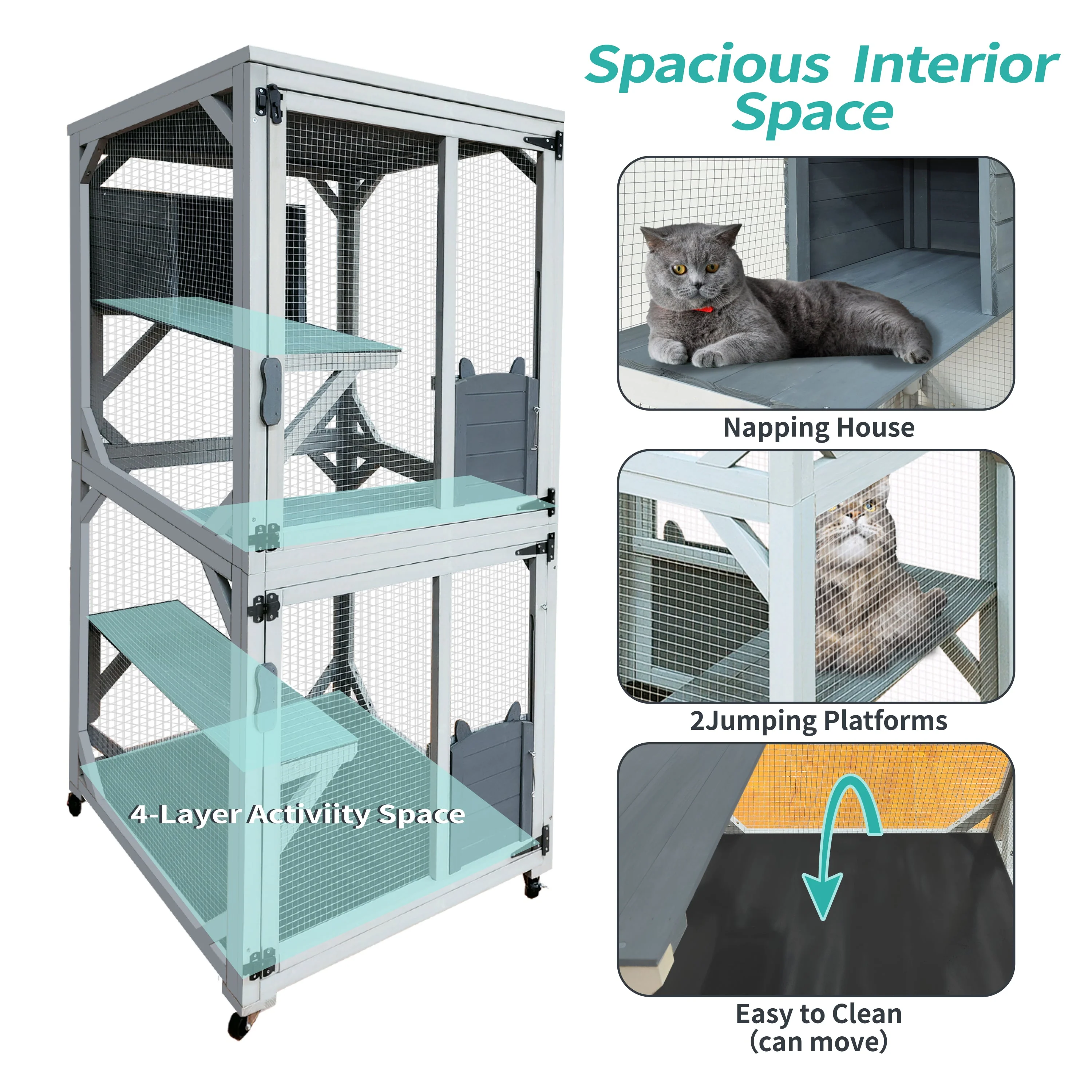 30.7'  Wooden Catio Outdoor Cat Enclosure, Luxury Cat House on Wheels with Napping House, 4 Platforms & Weatherproof Asphalt Roof, Large Kitty Cat Condo Cage Shelter Playpen with Sliding Doors - Image 3