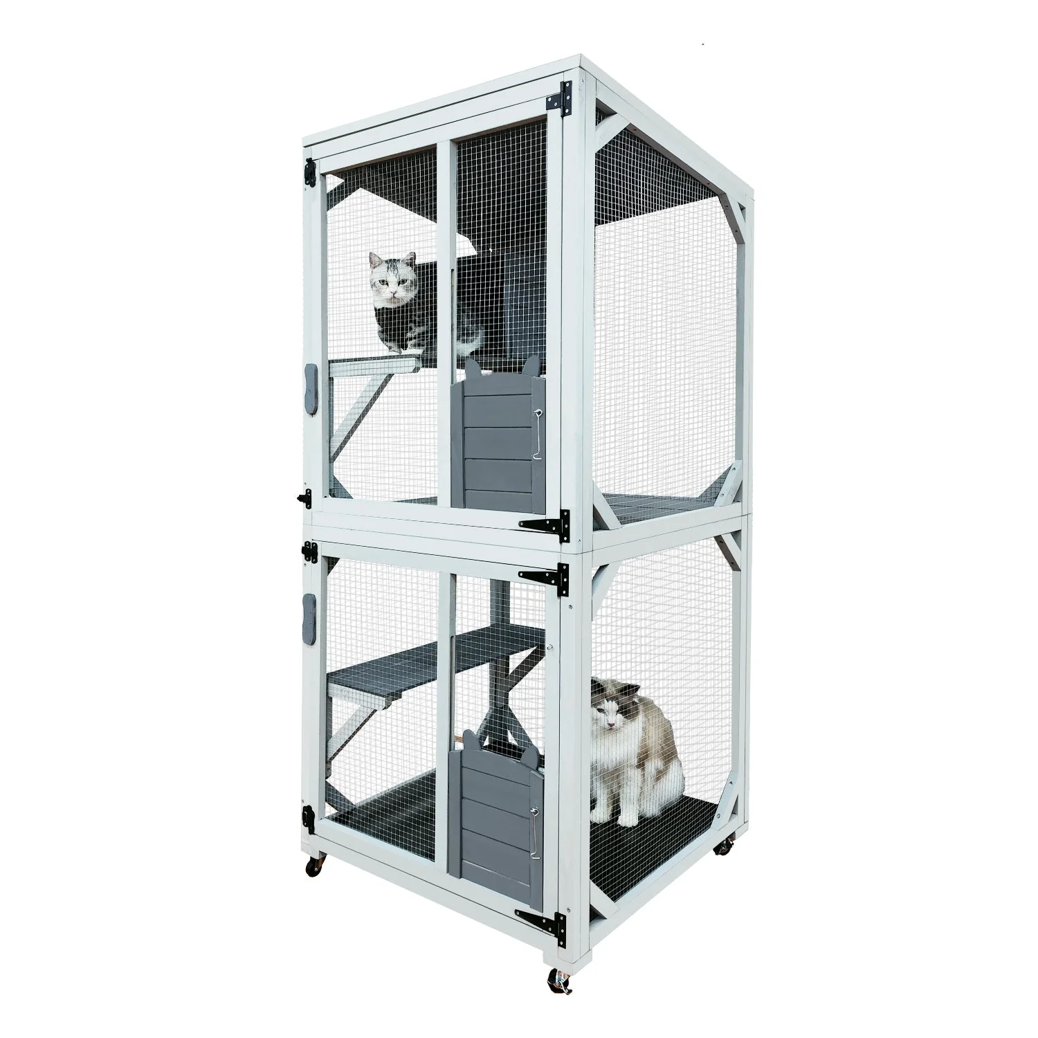 30.7'  Wooden Catio Outdoor Cat Enclosure, Luxury Cat House on Wheels with Napping House, 4 Platforms & Weatherproof Asphalt Roof, Large Kitty Cat Condo Cage Shelter Playpen with Sliding Doors - Image 5
