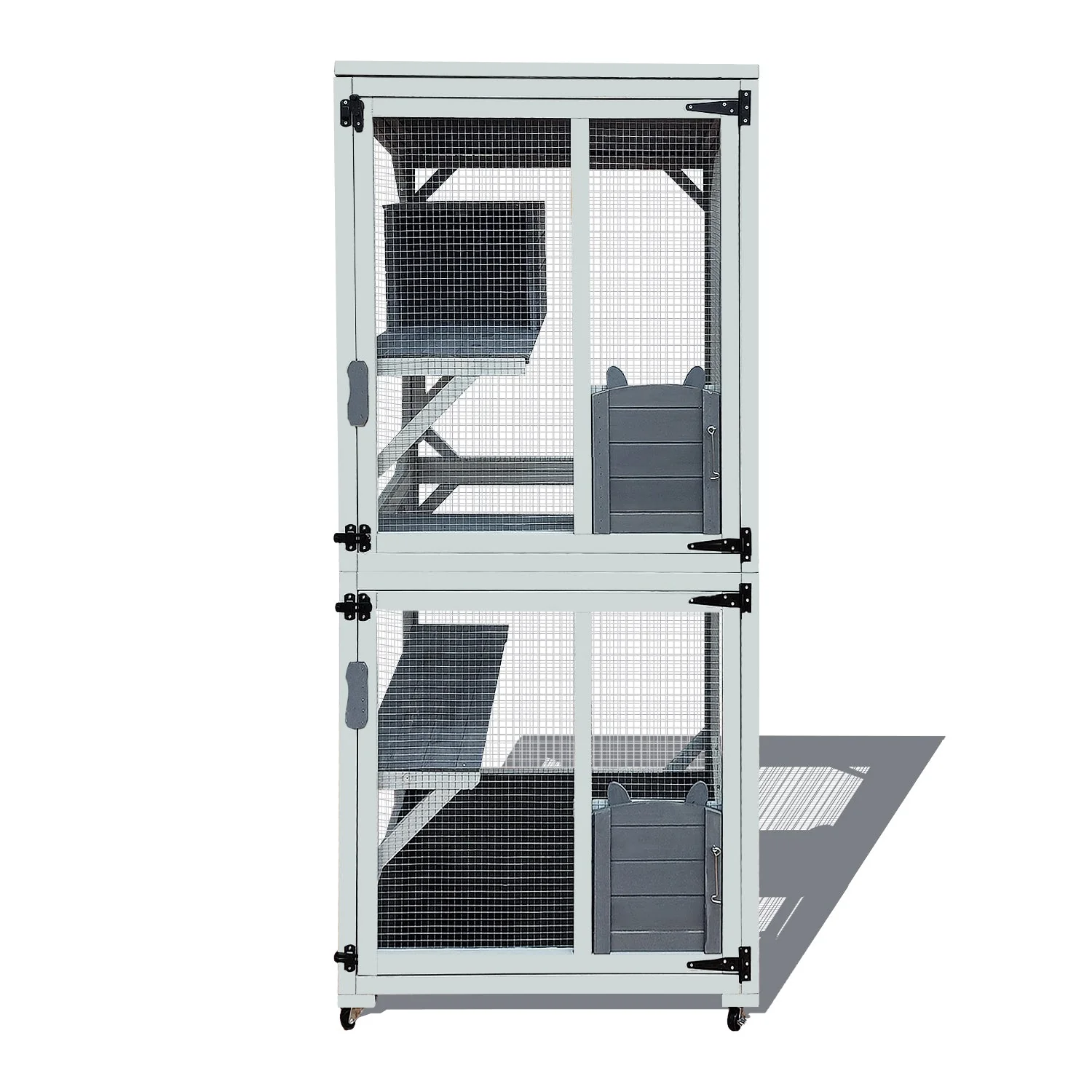 30.7'  Wooden Catio Outdoor Cat Enclosure, Luxury Cat House on Wheels with Napping House, 4 Platforms & Weatherproof Asphalt Roof, Large Kitty Cat Condo Cage Shelter Playpen with Sliding Doors - Image 6