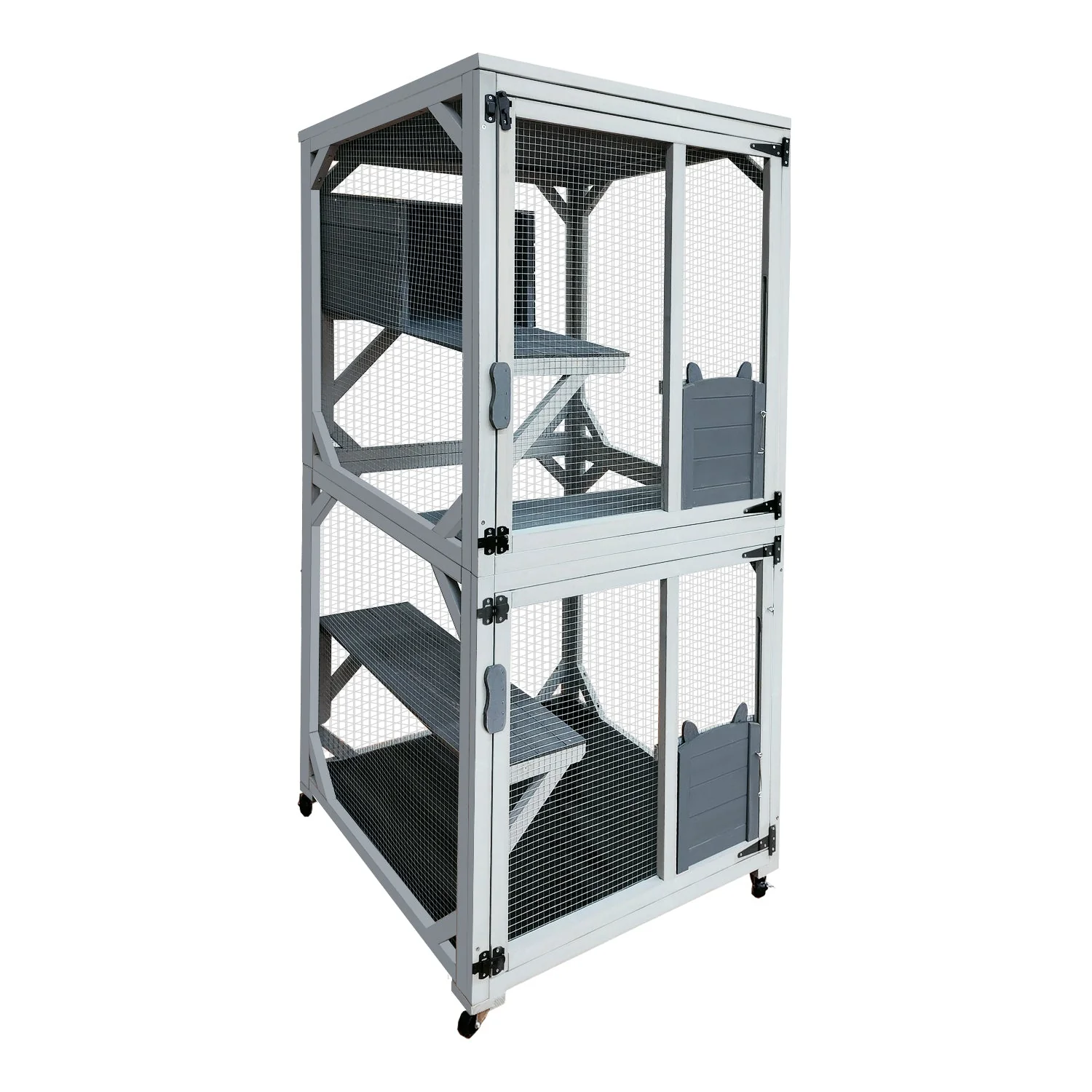 30.7'  Wooden Catio Outdoor Cat Enclosure, Luxury Cat House on Wheels with Napping House, 4 Platforms & Weatherproof Asphalt Roof, Large Kitty Cat Condo Cage Shelter Playpen with Sliding Doors - Image 7