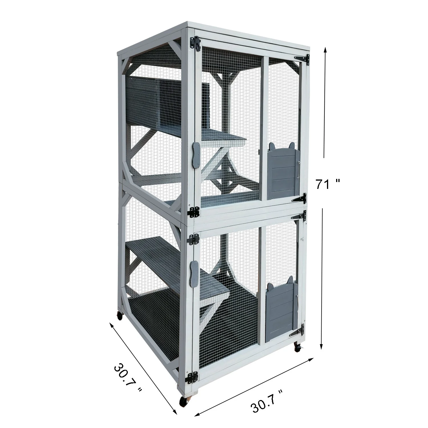 30.7'  Wooden Catio Outdoor Cat Enclosure, Luxury Cat House on Wheels with Napping House, 4 Platforms & Weatherproof Asphalt Roof, Large Kitty Cat Condo Cage Shelter Playpen with Sliding Doors - Image 9