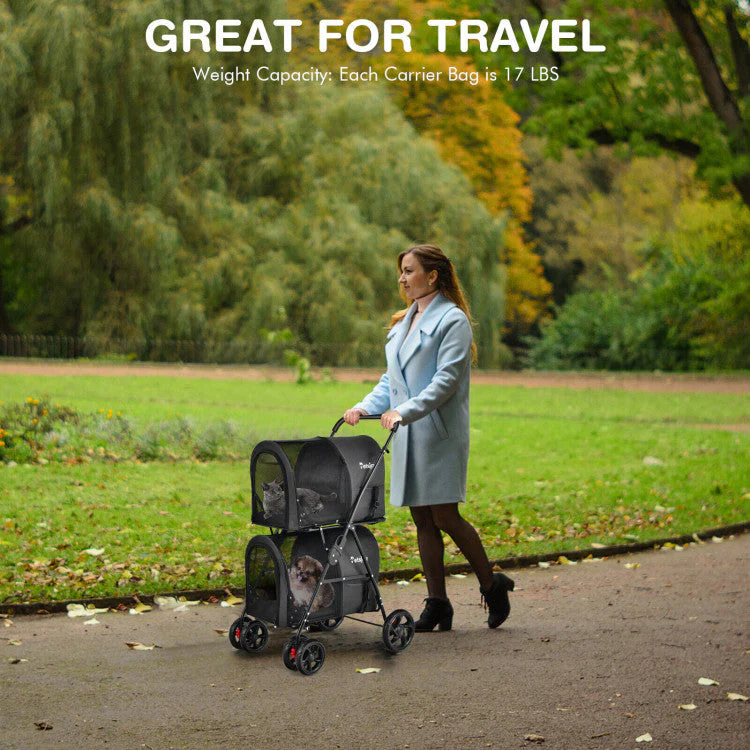 4-in-1 Double Pet Stroller with Detachable Carrier and Travel Carriage - Image 9
