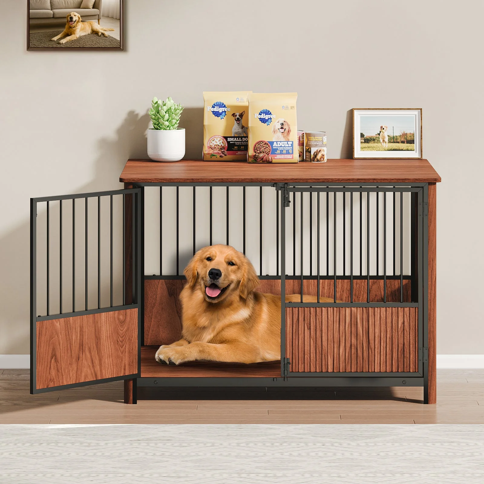 43'' Walnut Fluted Wood Furniture Style Dog Crate for Large & Medium Dogs - Double Door Design, Decorative Pet House & Indoor Side End Table. - Image 2