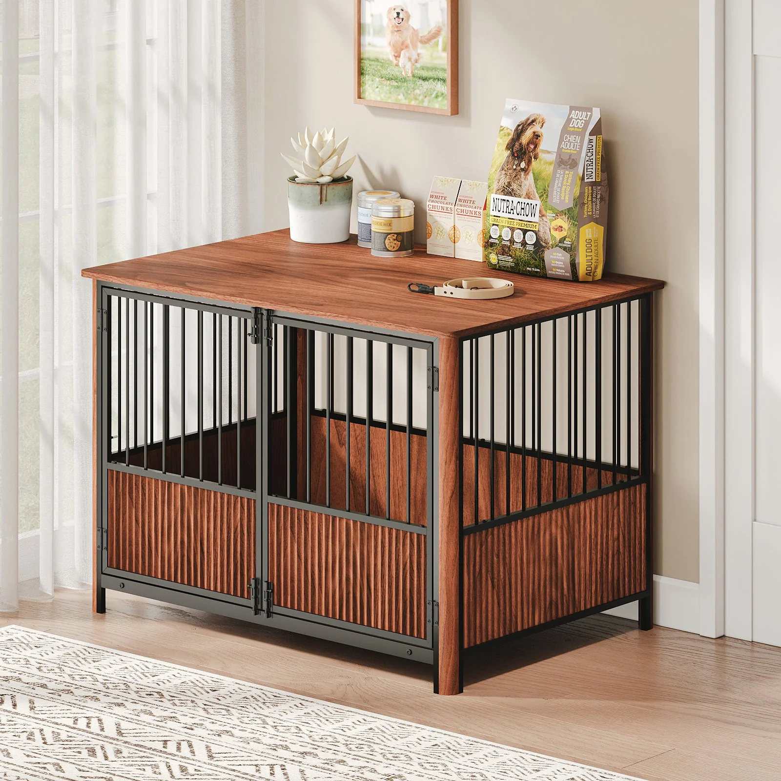43'' Walnut Fluted Wood Furniture Style Dog Crate for Large & Medium Dogs - Double Door Design, Decorative Pet House & Indoor Side End Table. - Image 3