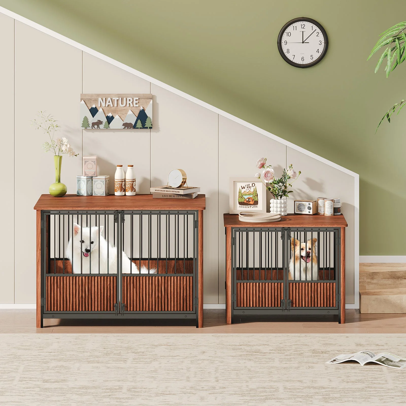 43'' Walnut Fluted Wood Furniture Style Dog Crate for Large & Medium Dogs - Double Door Design, Decorative Pet House & Indoor Side End Table. - Image 4