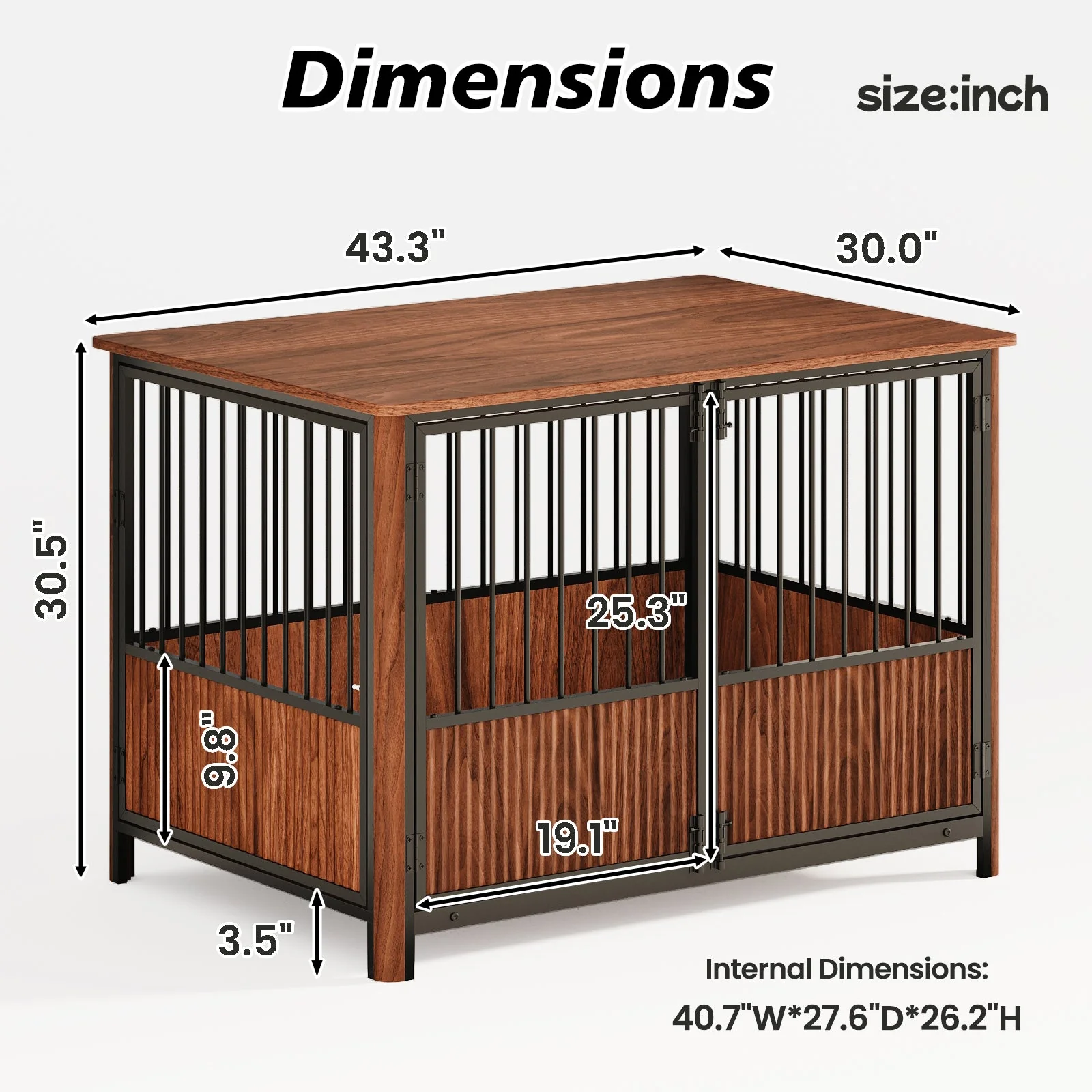 43'' Walnut Fluted Wood Furniture Style Dog Crate for Large & Medium Dogs - Double Door Design, Decorative Pet House & Indoor Side End Table. - Image 5