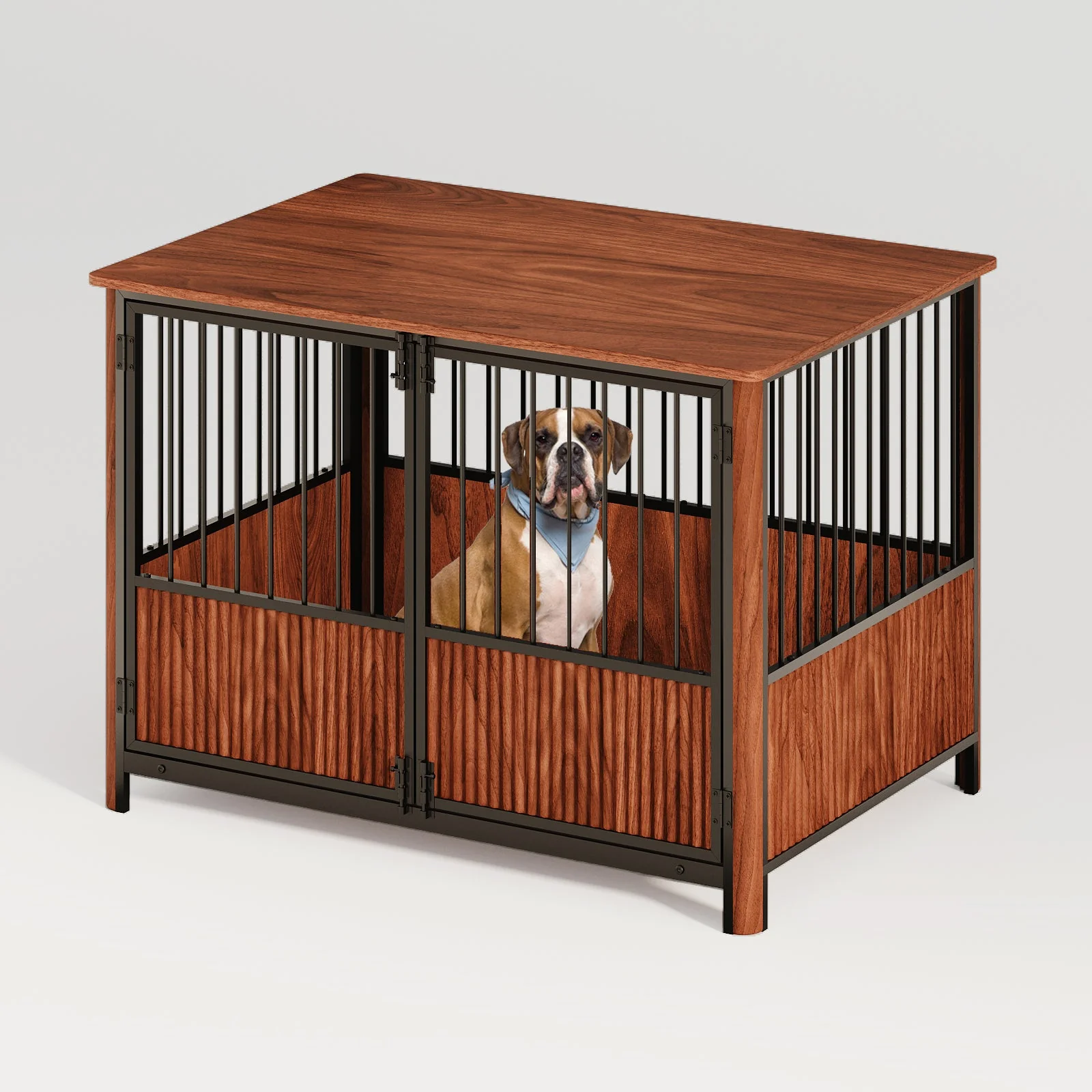 43'' Walnut Fluted Wood Furniture Style Dog Crate for Large & Medium Dogs - Double Door Design, Decorative Pet House & Indoor Side End Table. - Image 8
