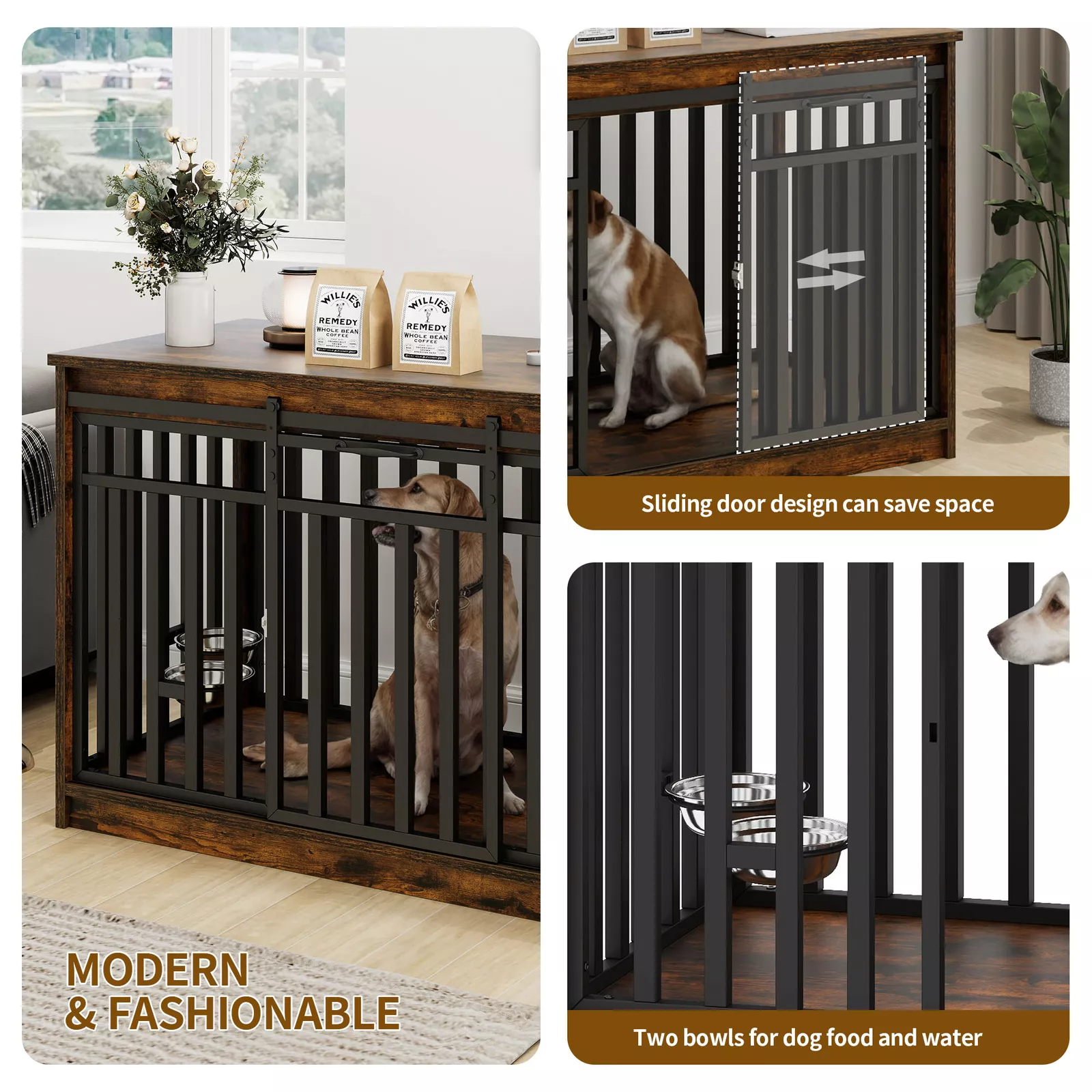 47.2" Nora Large Dog Crates Furniture With Bowl - Image 4