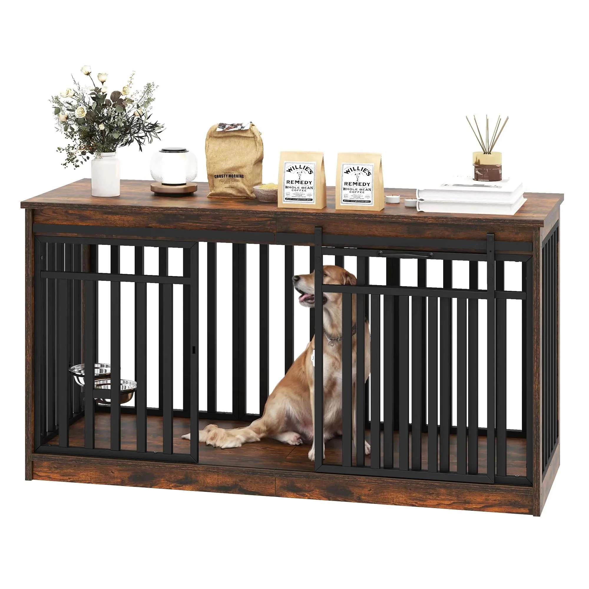 55.1" Drew Extra Large Dog Crates Furniture With Bowl - Image 2