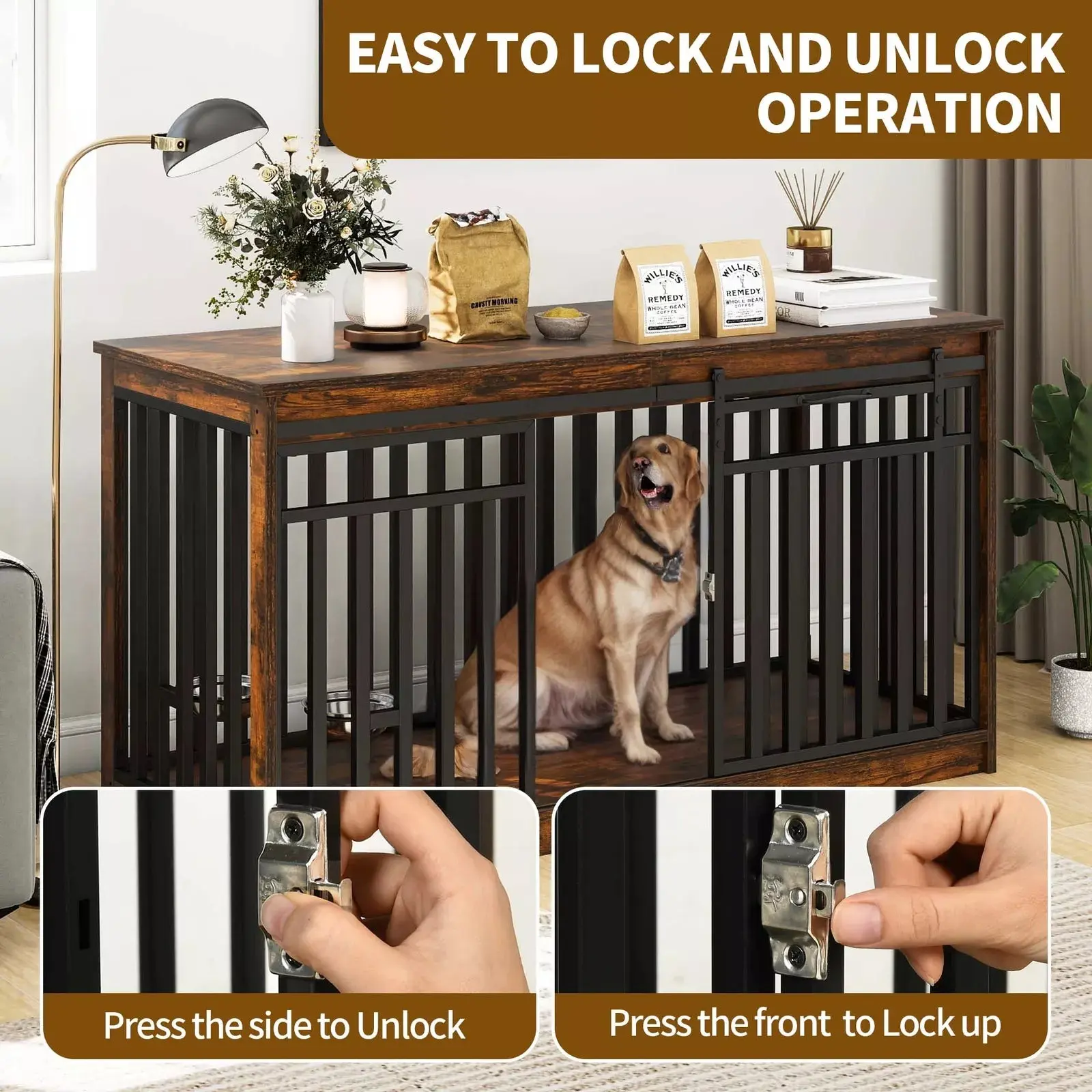 55.1" Drew Extra Large Dog Crates Furniture With Bowl - Image 3