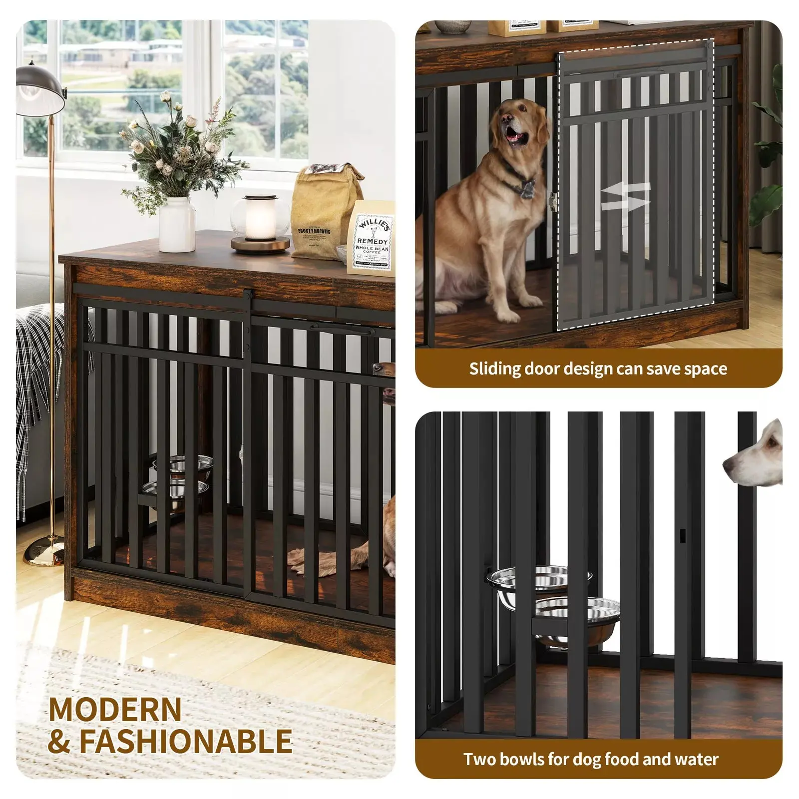 55.1" Drew Extra Large Dog Crates Furniture With Bowl - Image 4