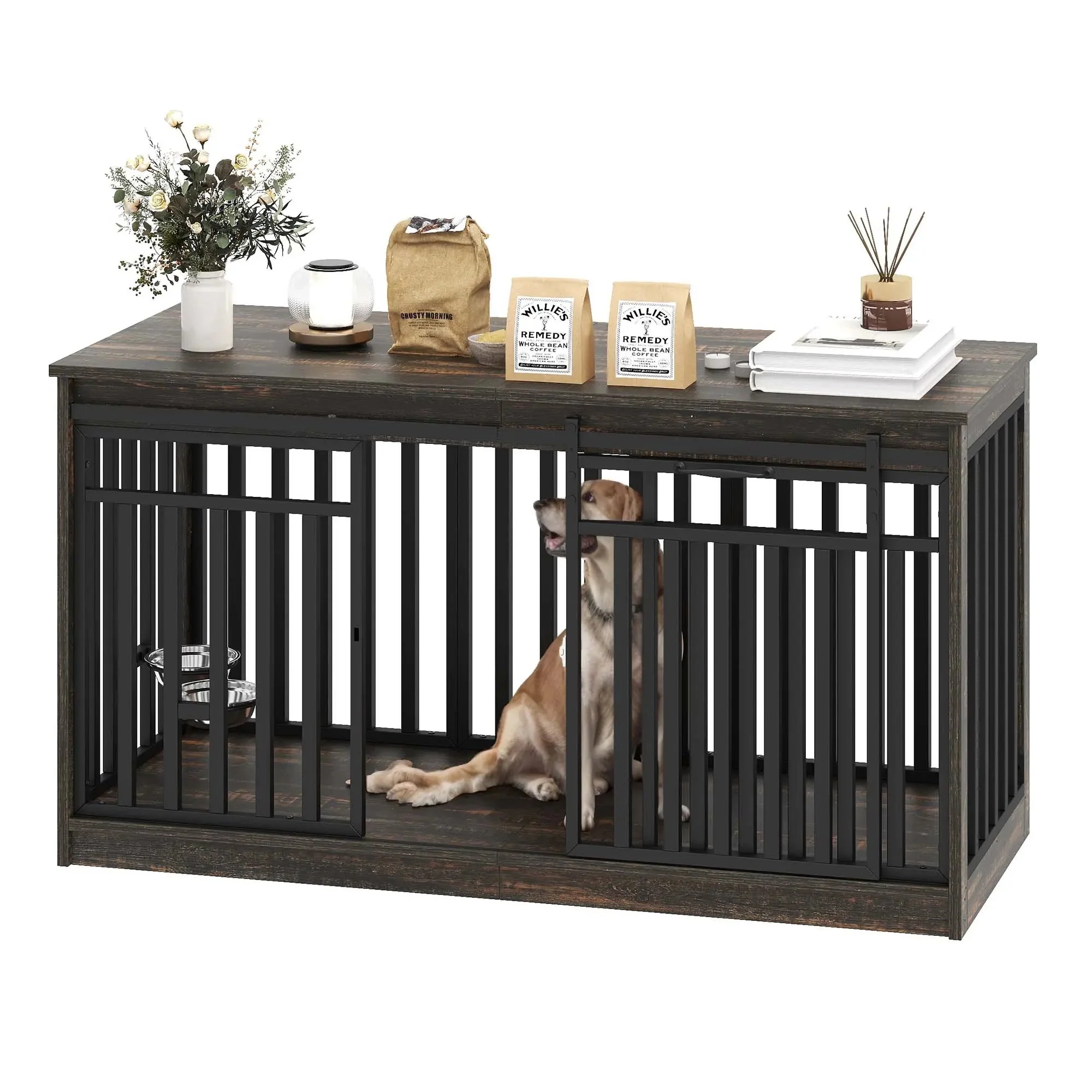 55.1" Drew Extra Large Dog Crates Furniture With Bowl - Image 8