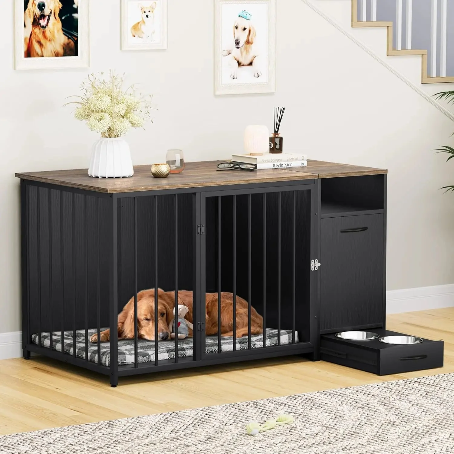 55" Keller Large Dog Crates Furniture With Bowl - Image 2