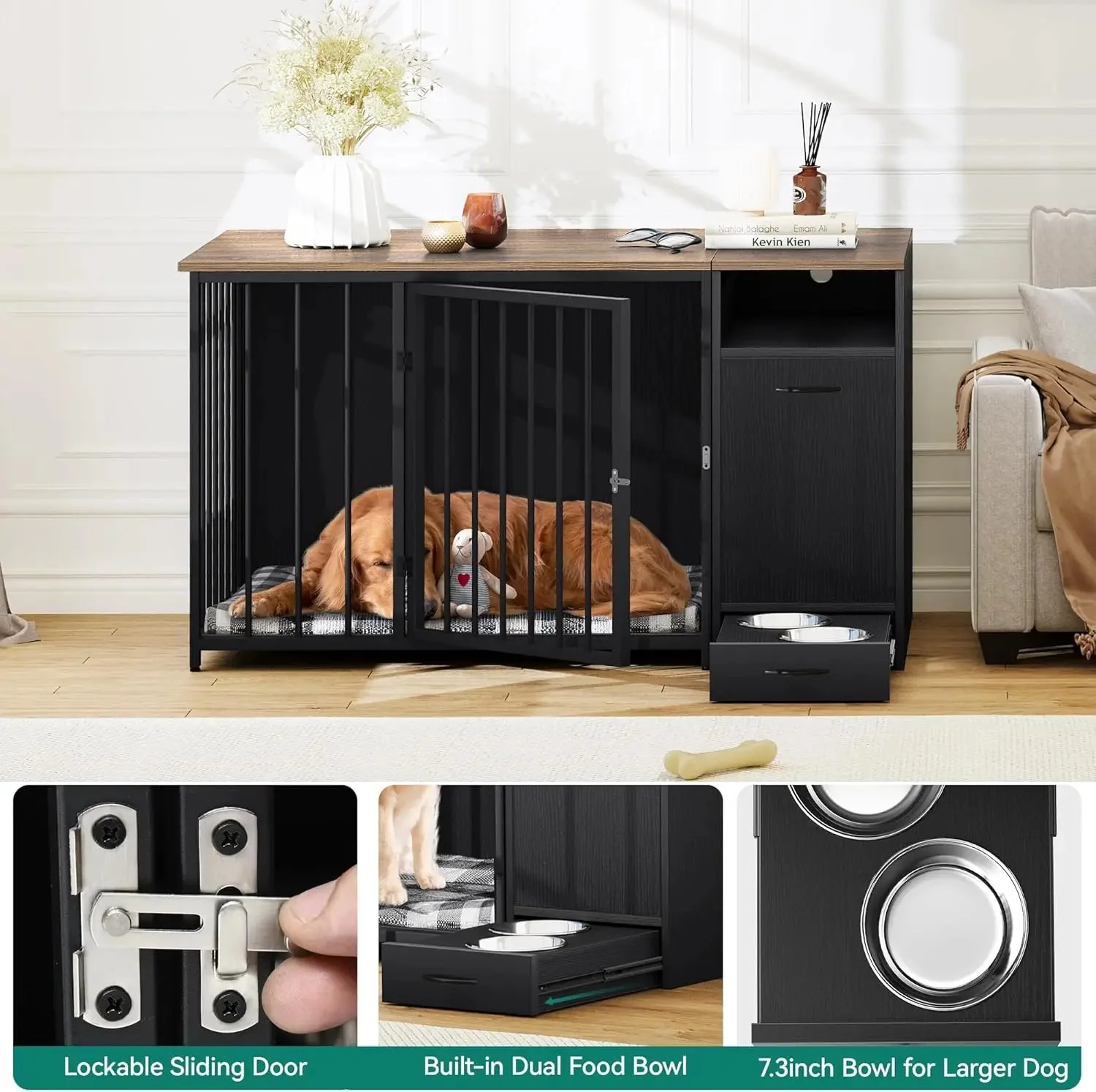 55" Keller Large Dog Crates Furniture With Bowl - Image 4