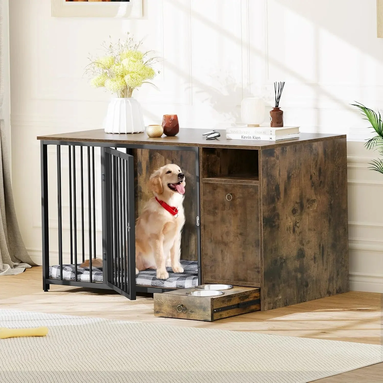55" Keller Large Dog Crates Furniture With Bowl - Image 5