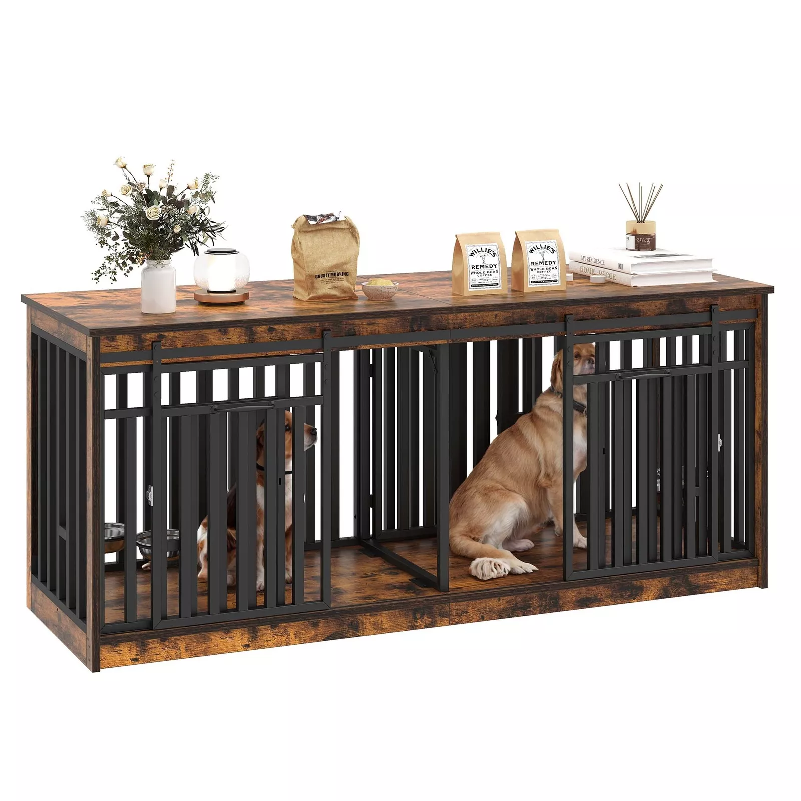 70.9" Ray Double Dog Crate Furniture For 2 Dogs With Bowl - Image 2