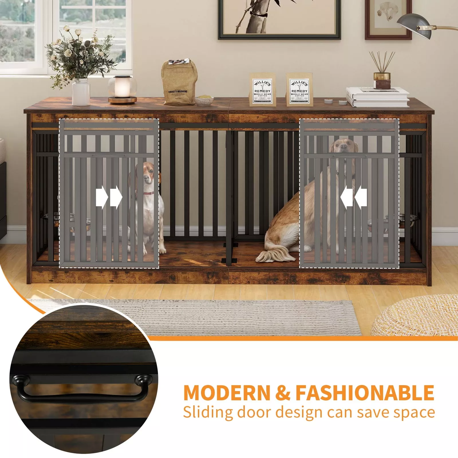 70.9" Ray Double Dog Crate Furniture For 2 Dogs With Bowl - Image 3