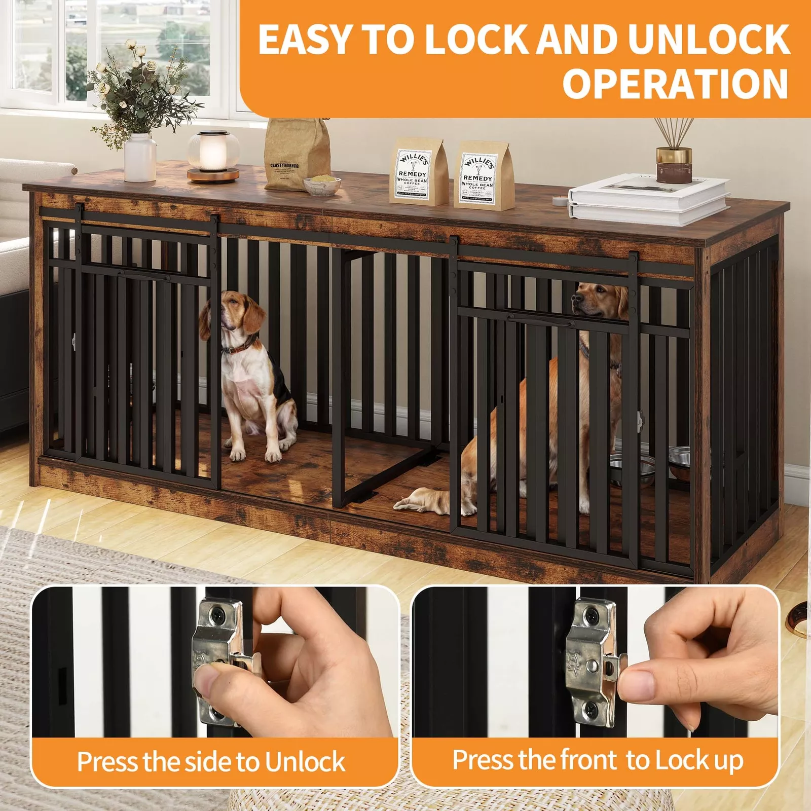 70.9" Ray Double Dog Crate Furniture For 2 Dogs With Bowl - Image 4