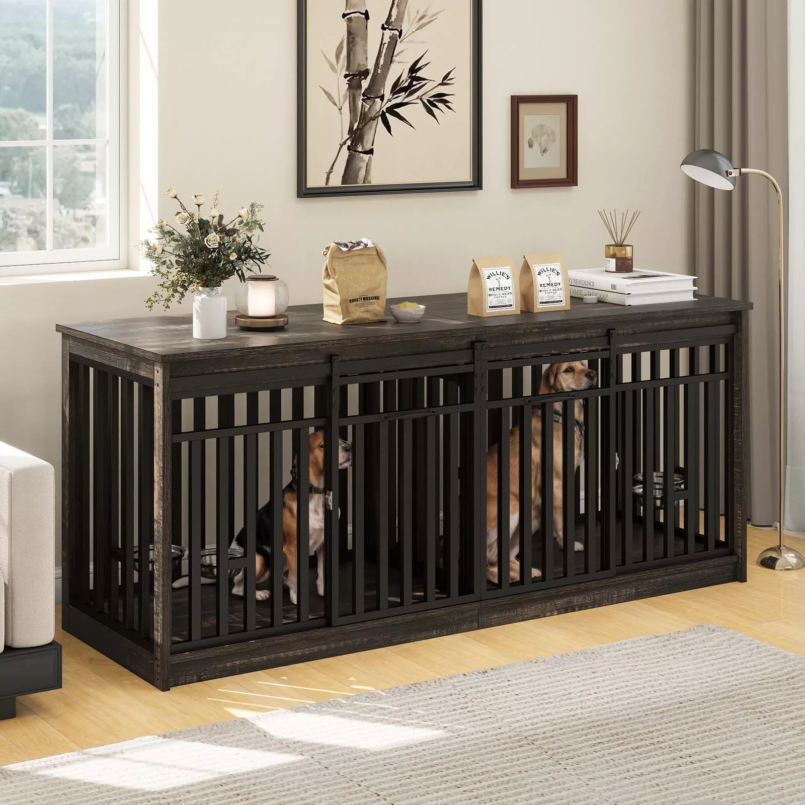 70.9" Ray Double Dog Crate Furniture For 2 Dogs With Bowl - Image 6