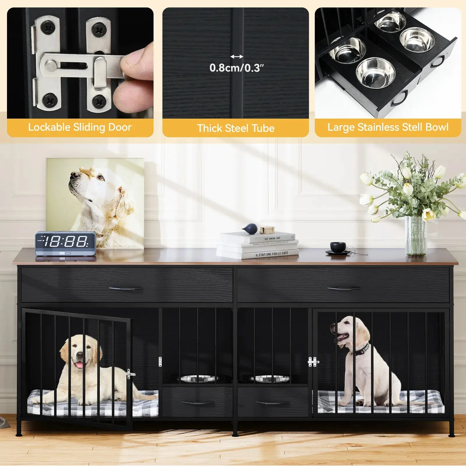 74.8" Lilli Double Dog Crate Furniture For 2 Dogs With Bowl - Image 2