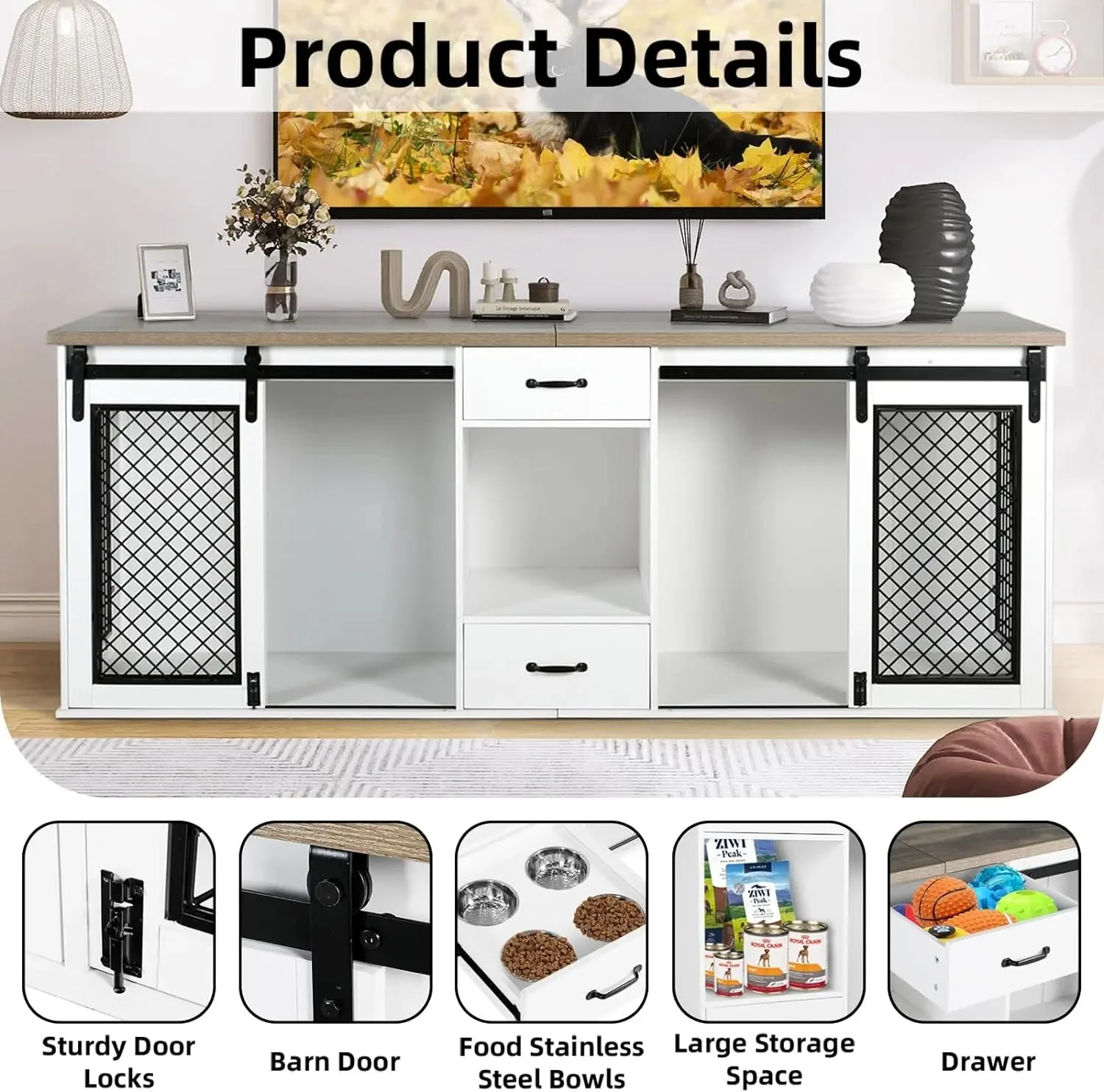 84.6" Payne Double Dog Crate Furniture For 2 Dogs With Bowl - Image 2