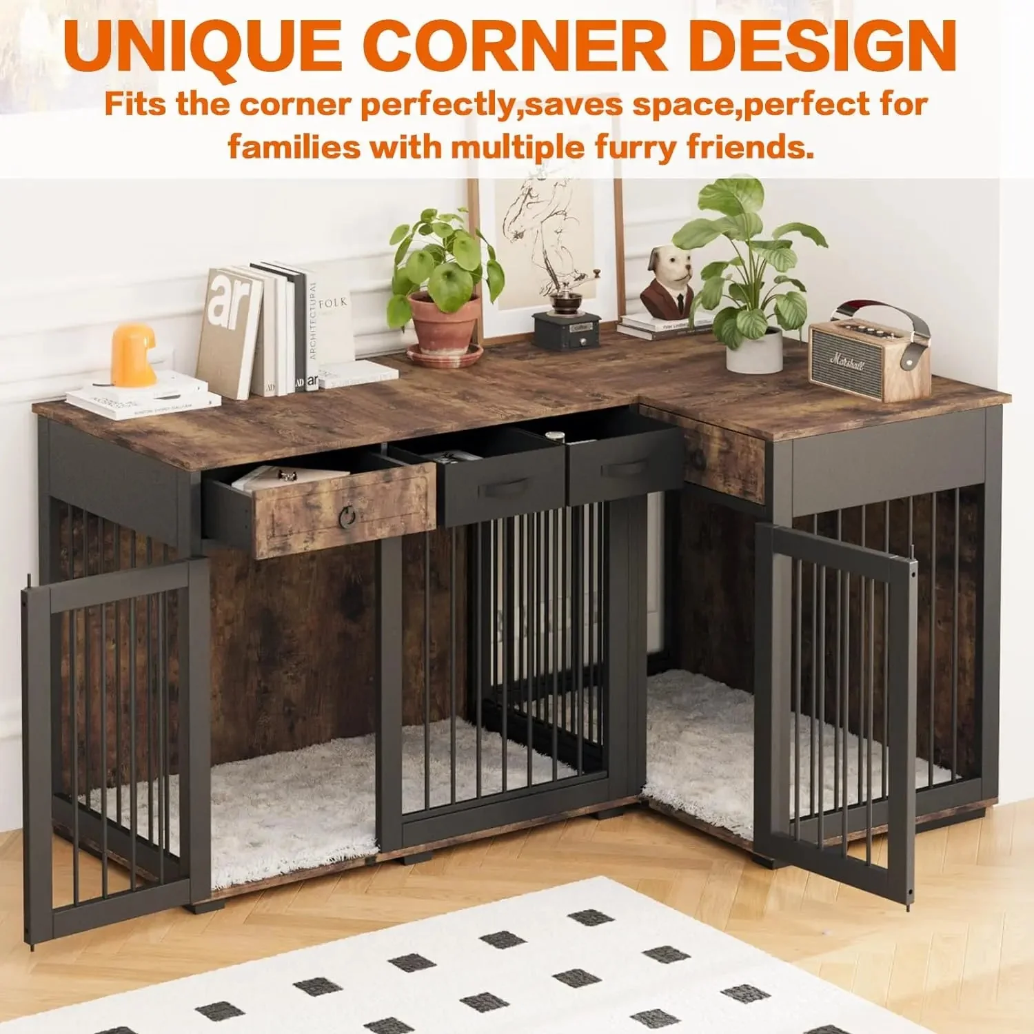 85.4" Rustic Double Dog Crate Furniture For 2 Dogs - Image 2