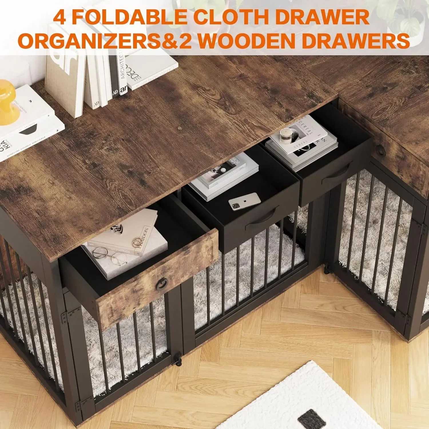 85.4" Rustic Double Dog Crate Furniture For 2 Dogs - Image 3