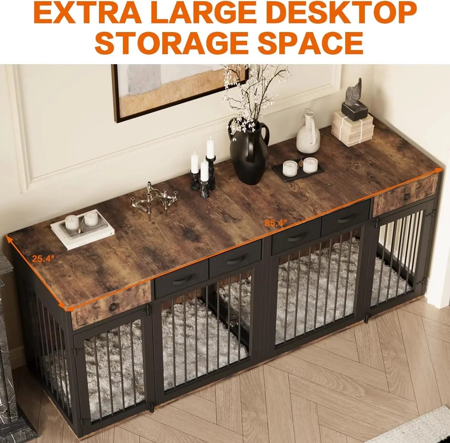 85.4" Rustic Double Dog Crate Furniture For 2 Dogs - Image 4
