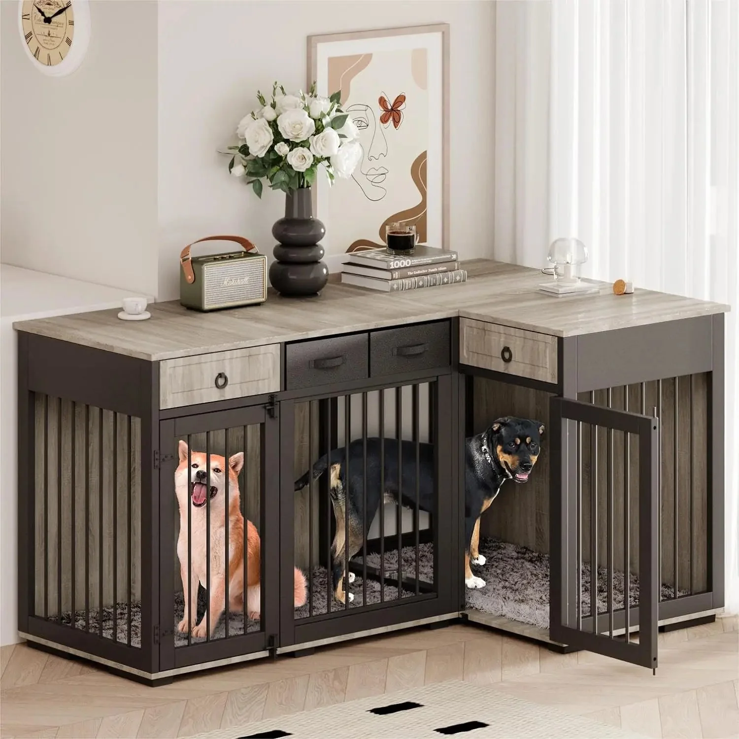 85.4" Rustic Double Dog Crate Furniture For 2 Dogs - Image 7