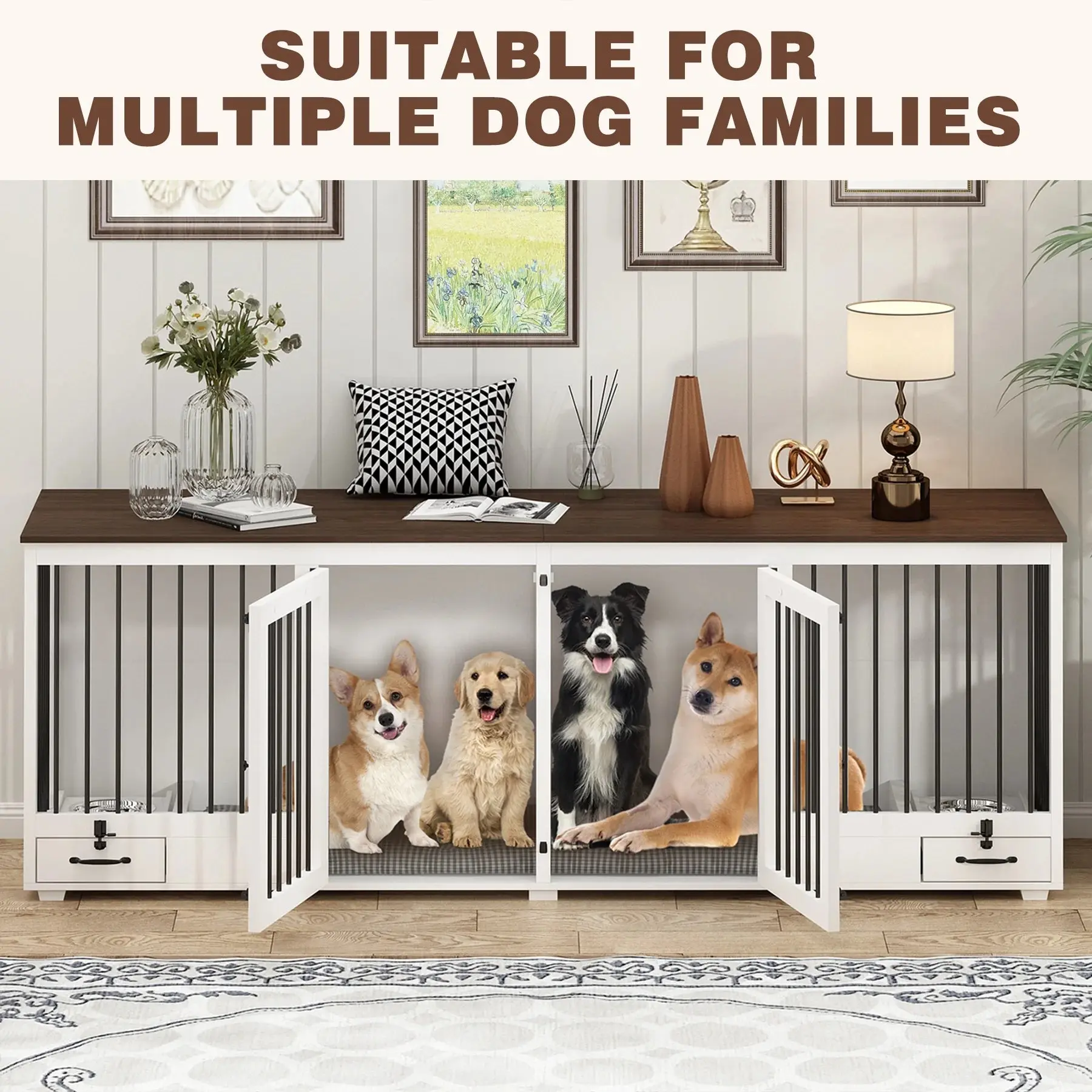 86.6" Angus Double Dog Crate Furniture For 2 Dogs With Bowl - Image 2