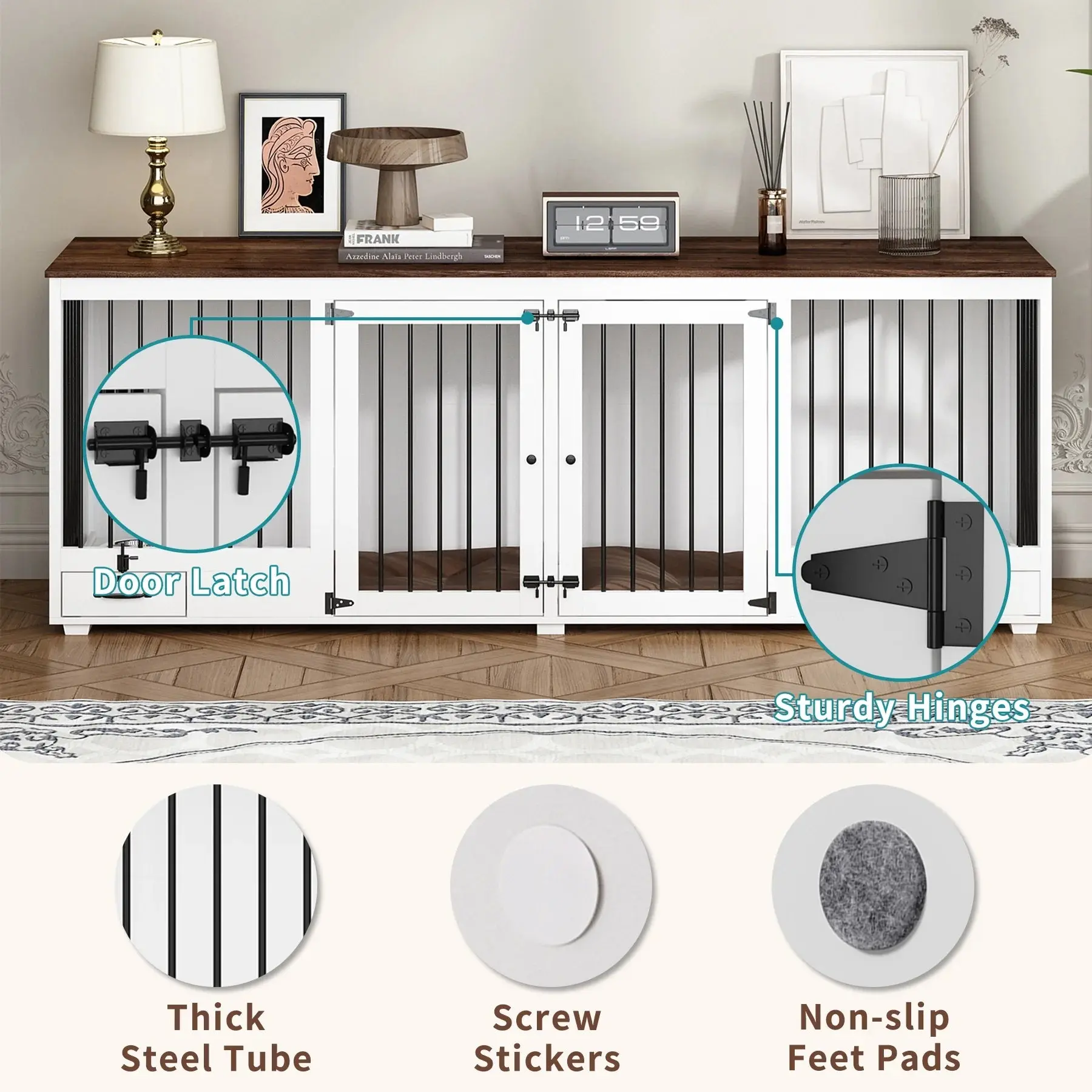86.6" Angus Double Dog Crate Furniture For 2 Dogs With Bowl - Image 3