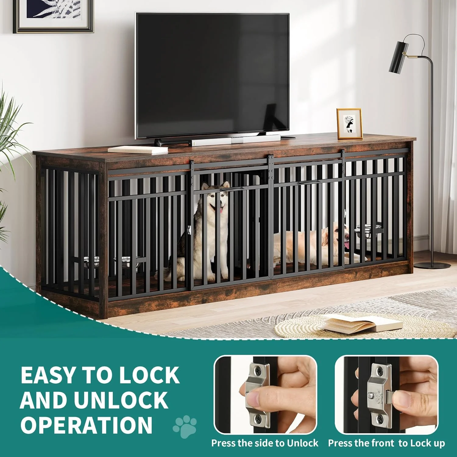86.6" Ross Double Dog Crate Furniture For 2 Dogs - Image 3
