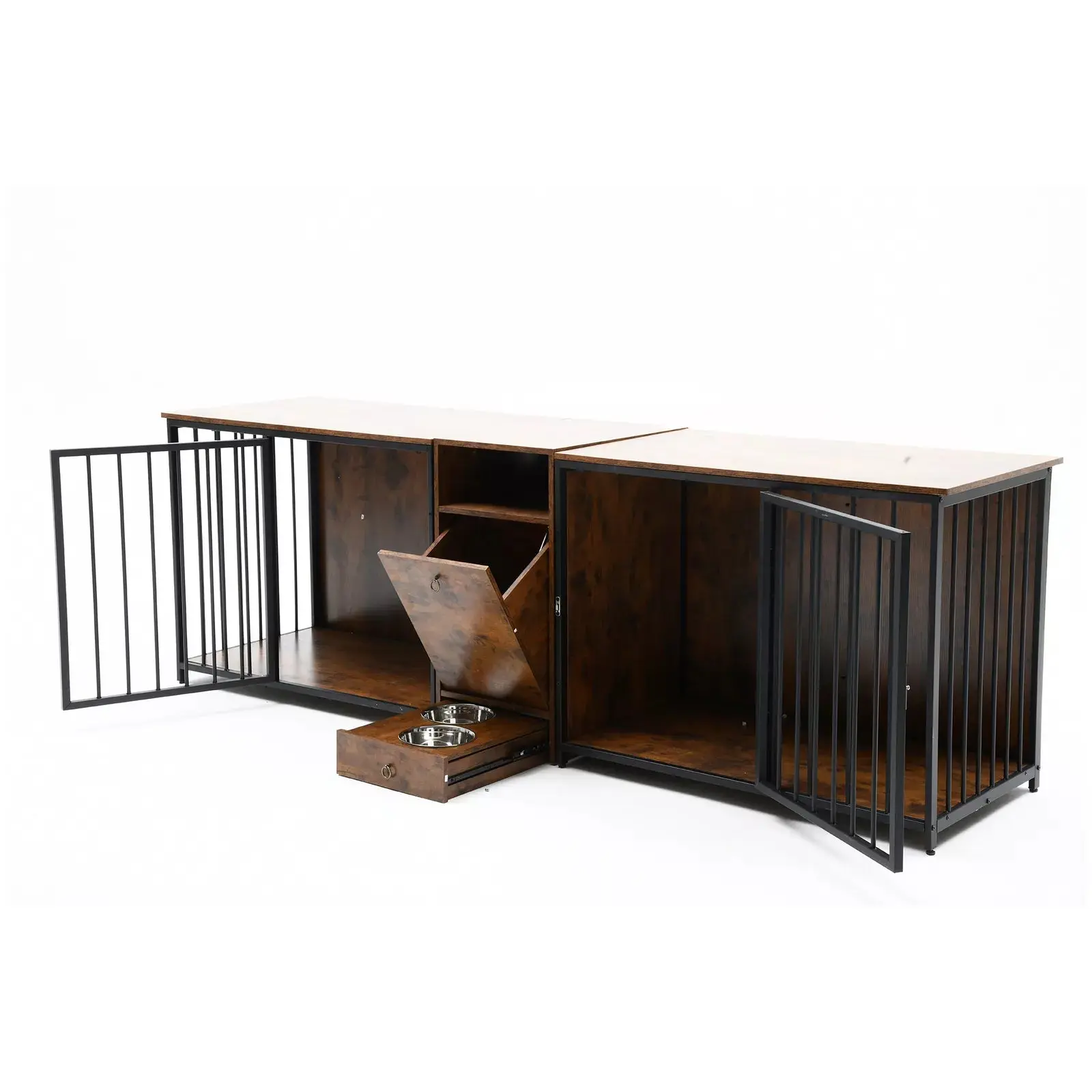 95.2" Rustic Double Dog Crate Furniture For 2 Dogs With Bowl - Image 2