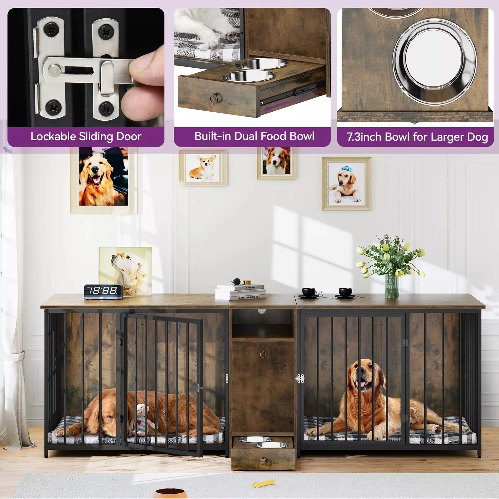 95.2" Rustic Double Dog Crate Furniture For 2 Dogs With Bowl - Image 7