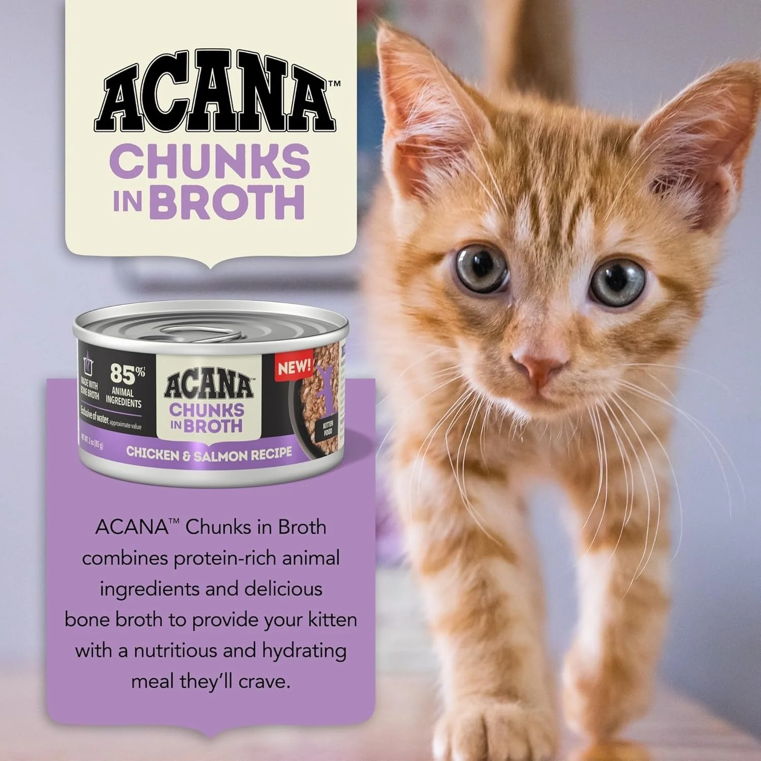 Acana Grain Free Chunks in Broth Kitten Chicken & Salmon Wet Cat Food (3oz) - Image 4