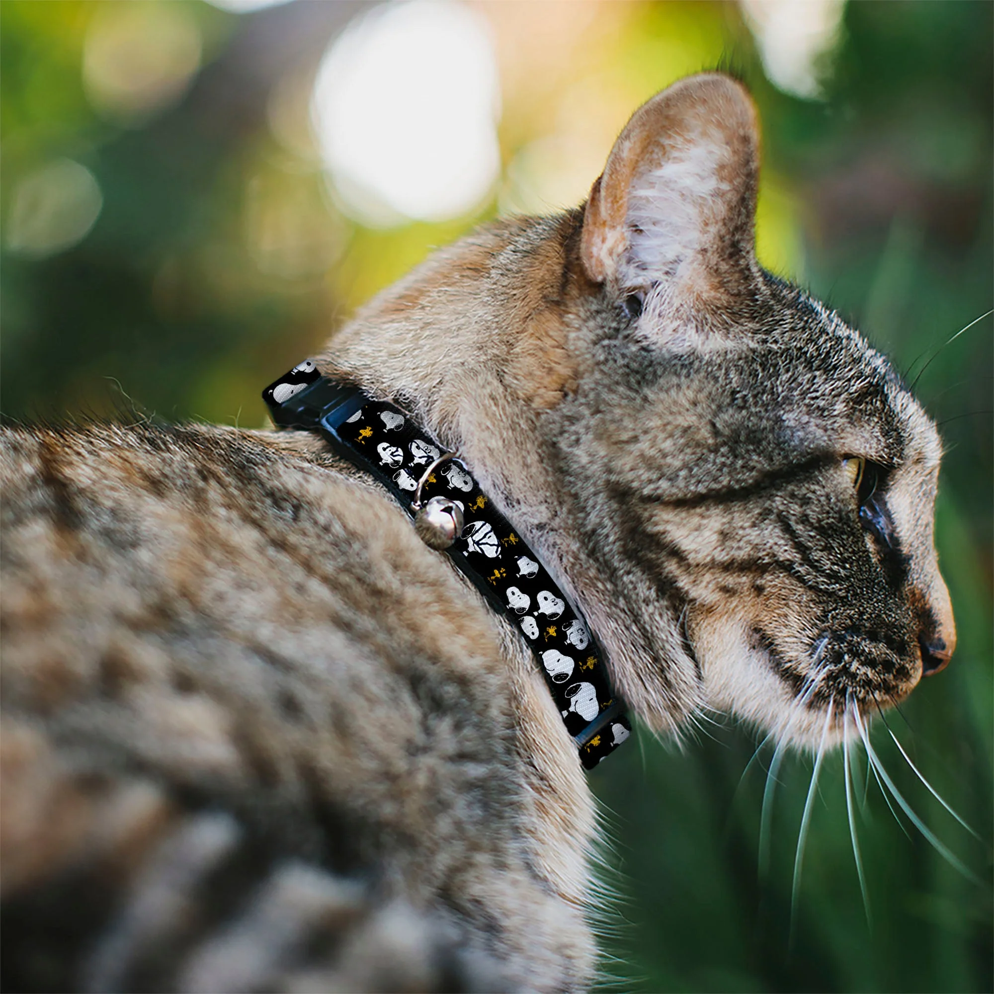 Breakaway Cat Collar with Bell - Peanuts Snoopy and Woodstock Poses Scattered Black - Image 2