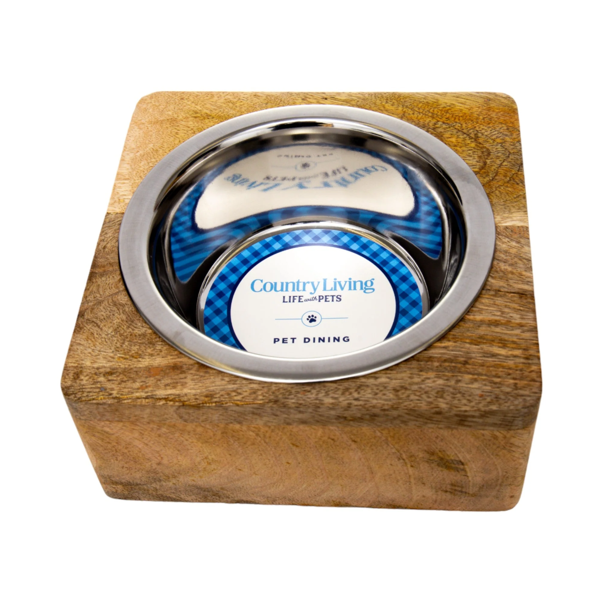 Country Living Elegant Stainless Steel Dog Bowl with Square Mango Wood Holder – 1 Quart - Image 3