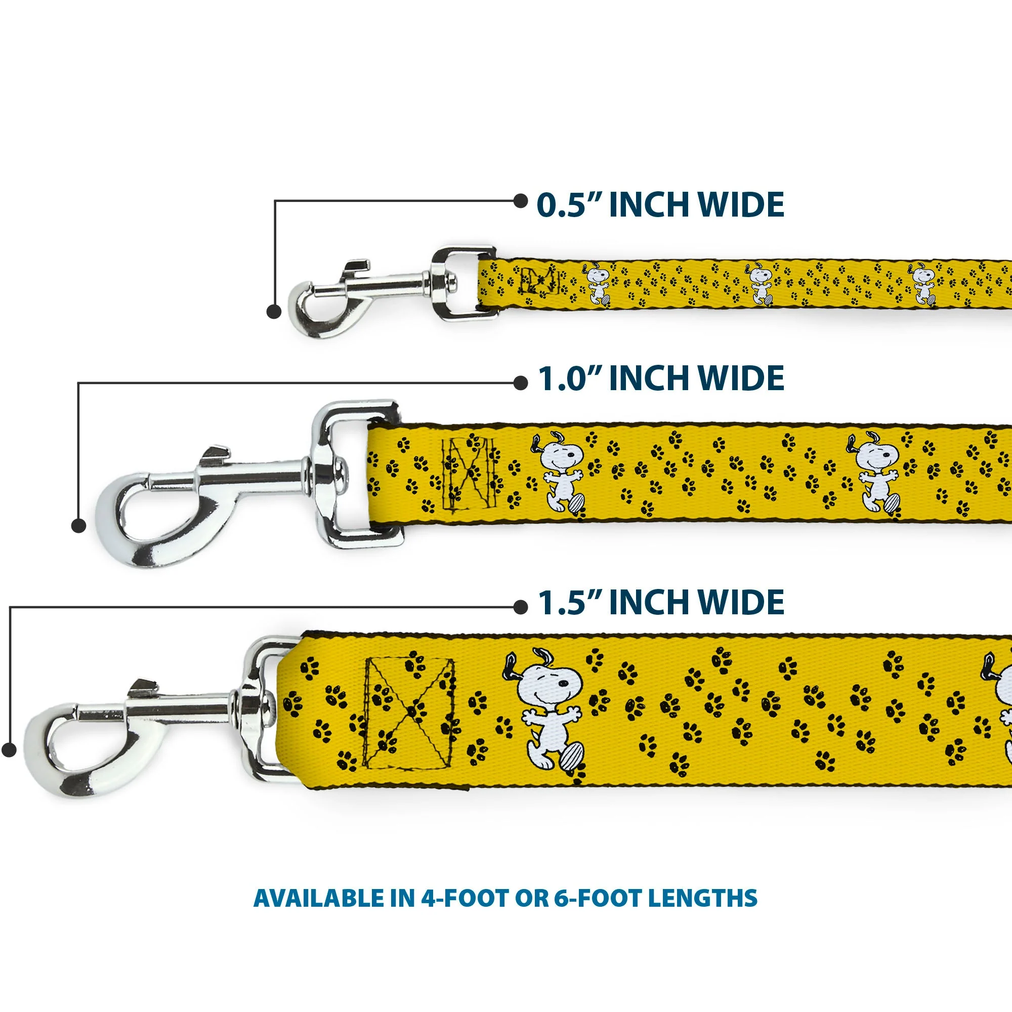 Dog Leash - Peanuts Snoopy Smiling Pose/Paw Print Yellow/Black/White - Image 3