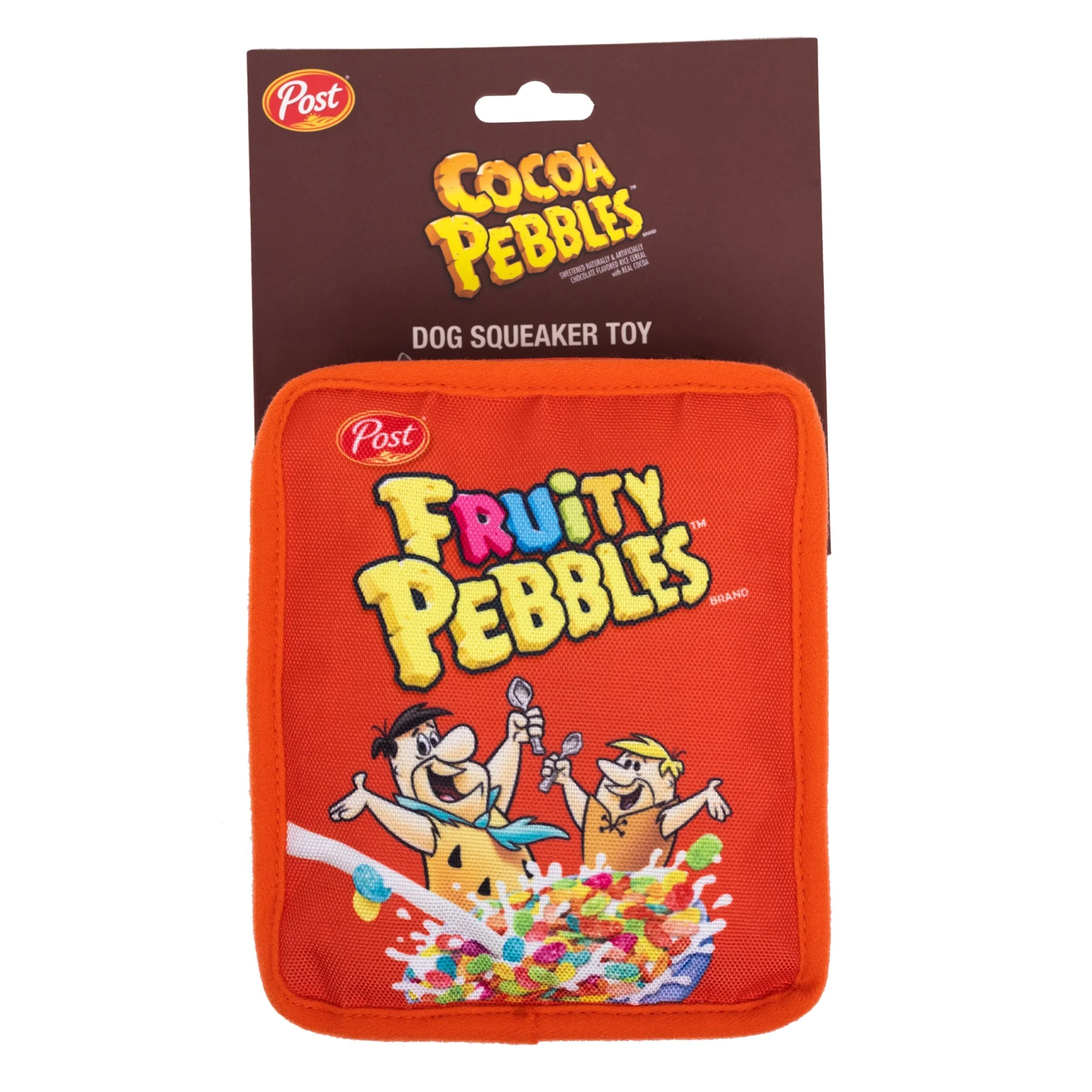 Dog Toy Squeaker Plush - Fruity Pebbles Fred Flintstone and Barney Rubble Cereal Box Replica Red - Image 4