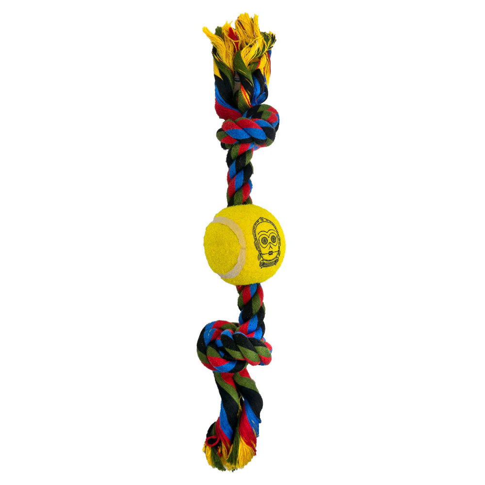 Dog Toy Tennis Ball Rope Toy - Star Wars C3-PO Face Yellow + Multi Color Rope - Image 2