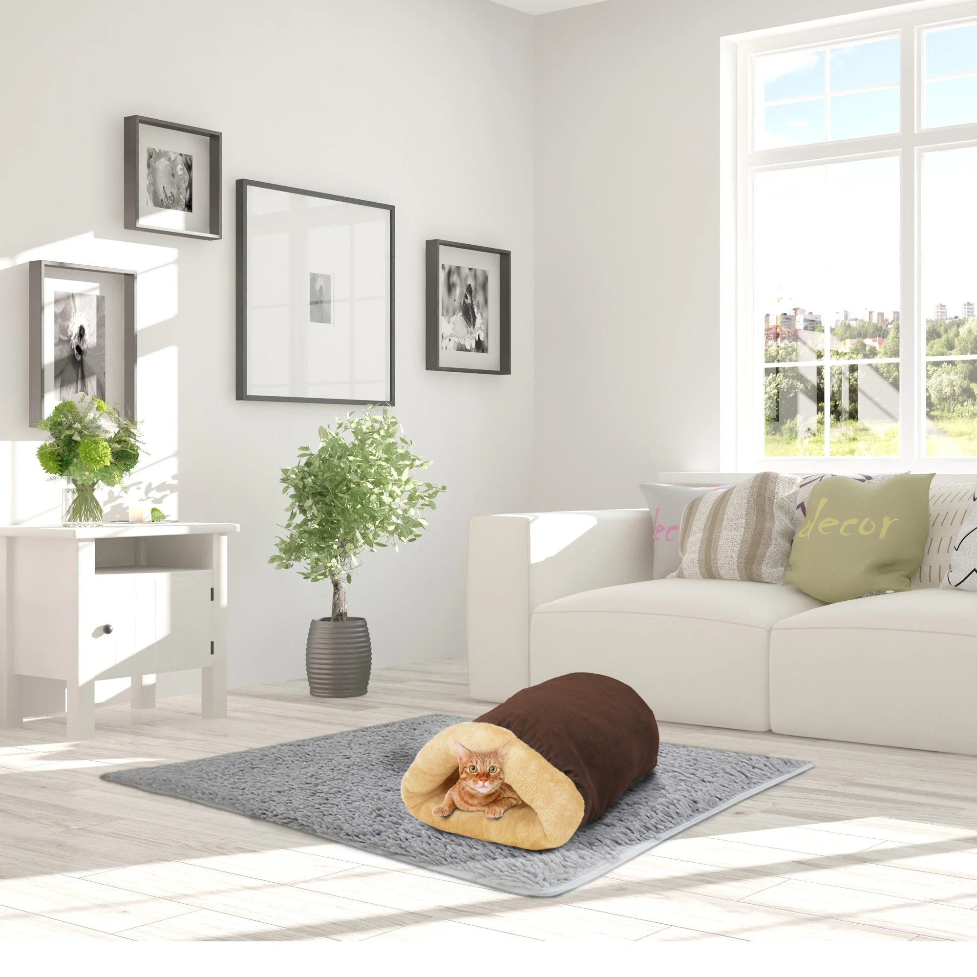 GOOPAWS 4 in 1 Self Warming Burrow Small Pet Bed Cuddle Cave, Brown - Image 8