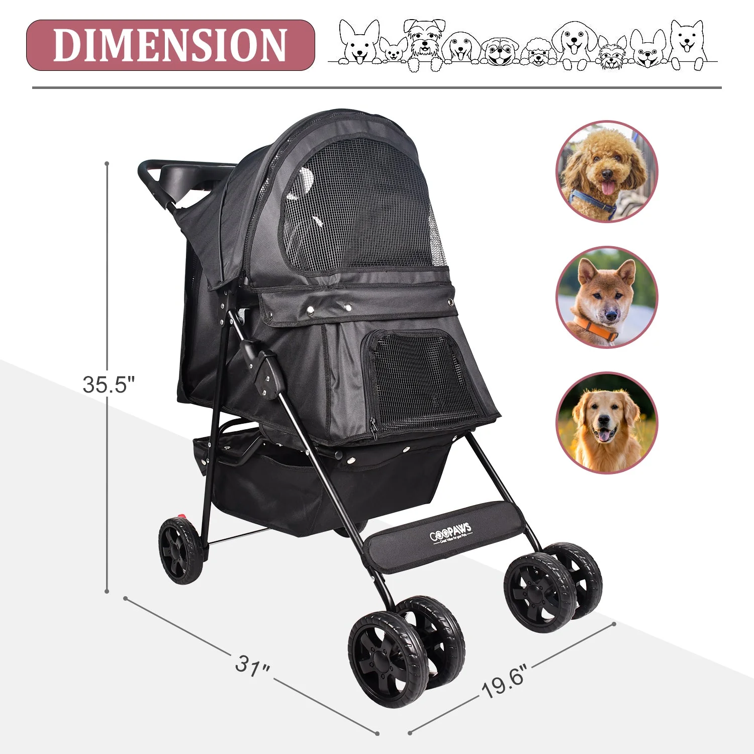 GOOPAWS 4-Wheel Promenade Pet Stroller for Small Dogs Cats, Black, 36'' - Image 4