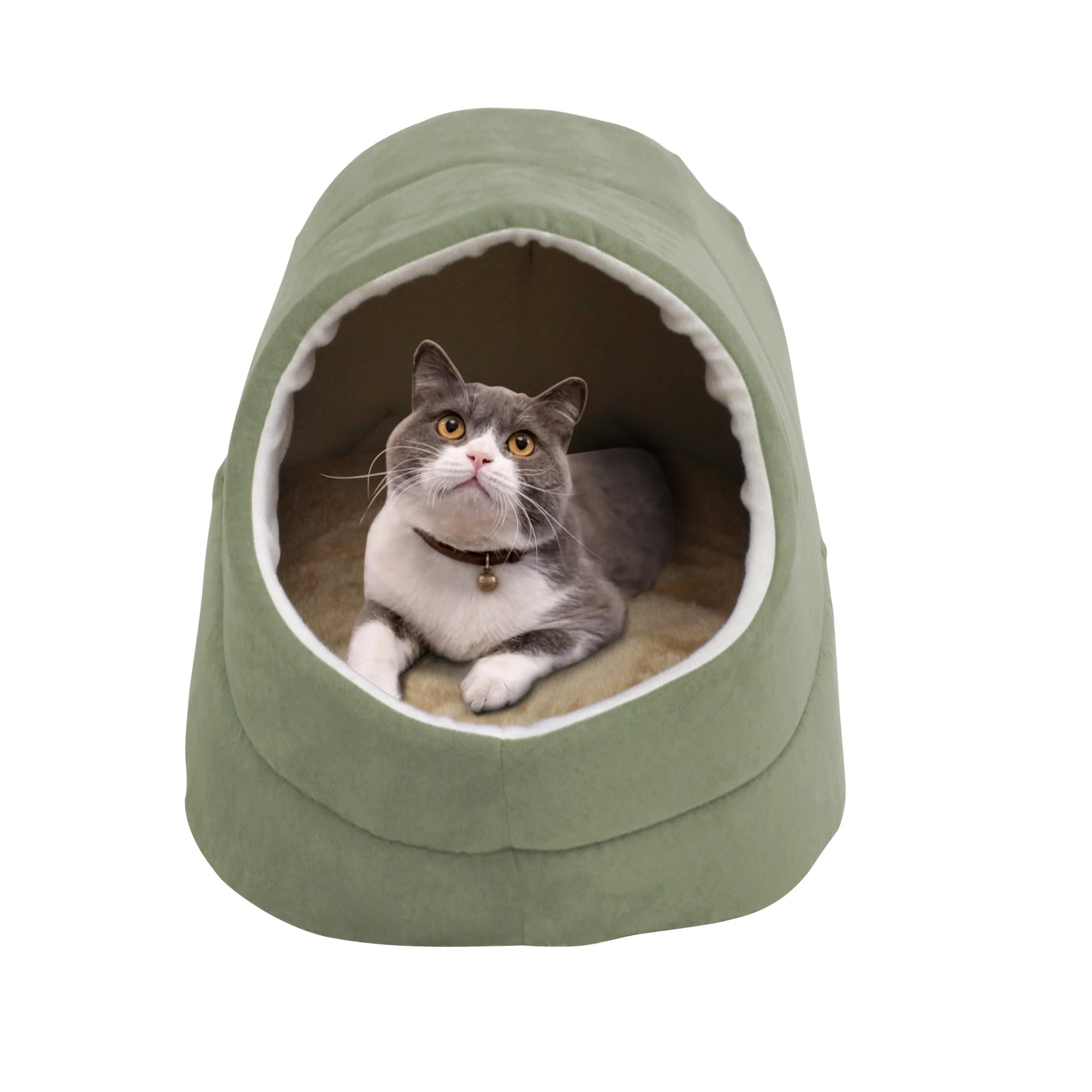 GOOPAWS Cave Covered Cat & Small Dog Warming Burrow Bed, Sage Green - Image 3
