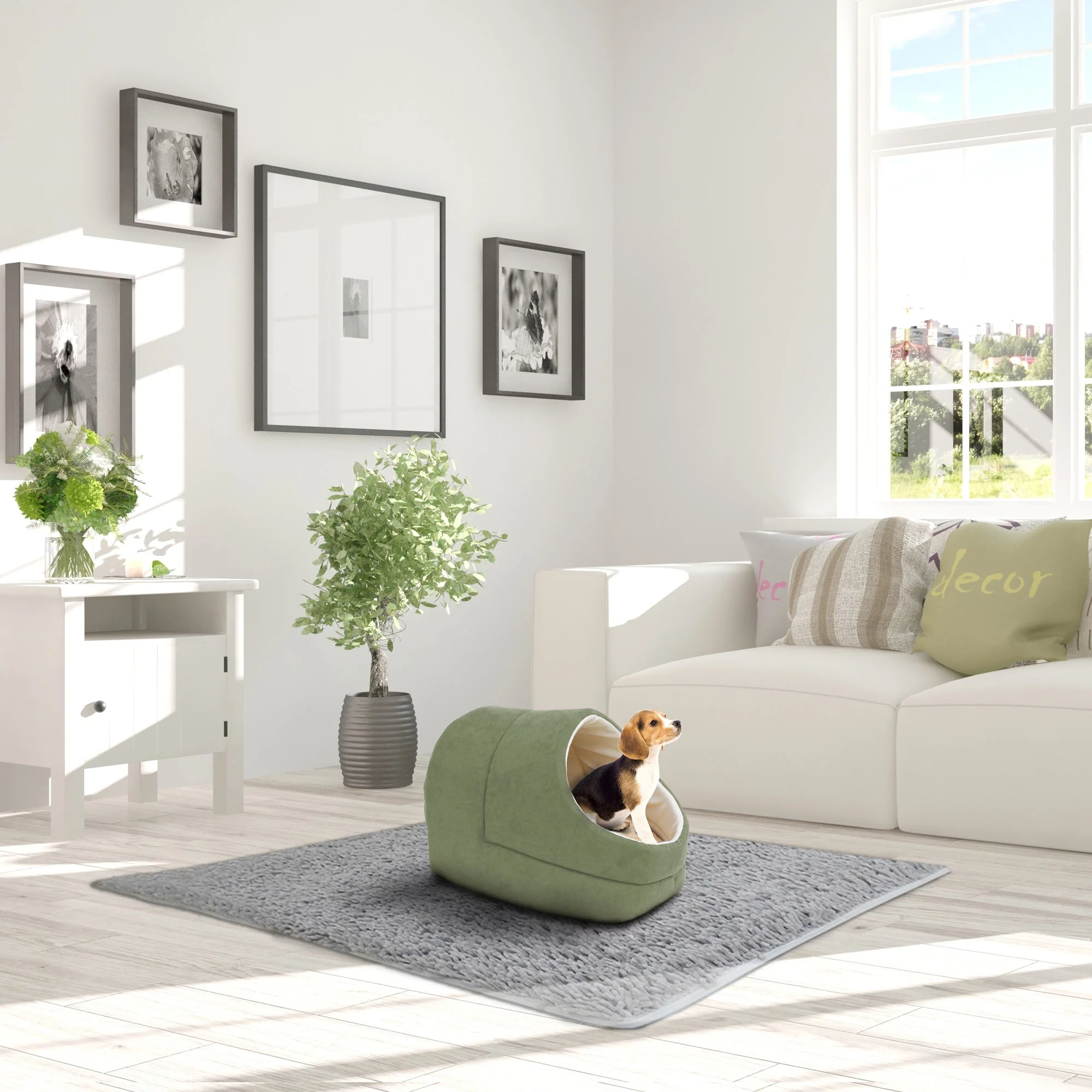 GOOPAWS Cave Covered Cat & Small Dog Warming Burrow Bed, Sage Green - Image 7