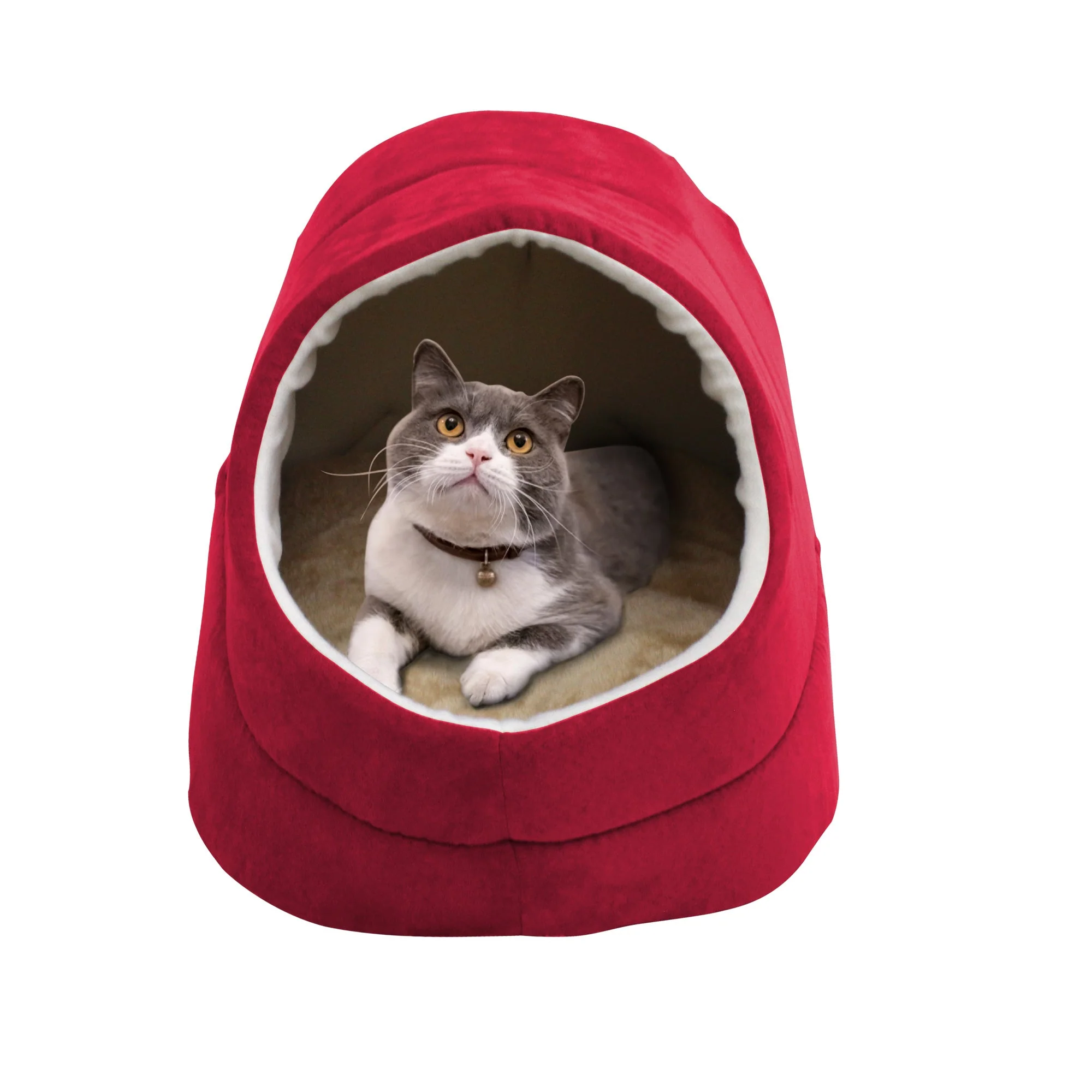 GOOPAWS Cave Covered Cat & Small Dog Warming Burrow Cat Bed, Burgundy - Image 3