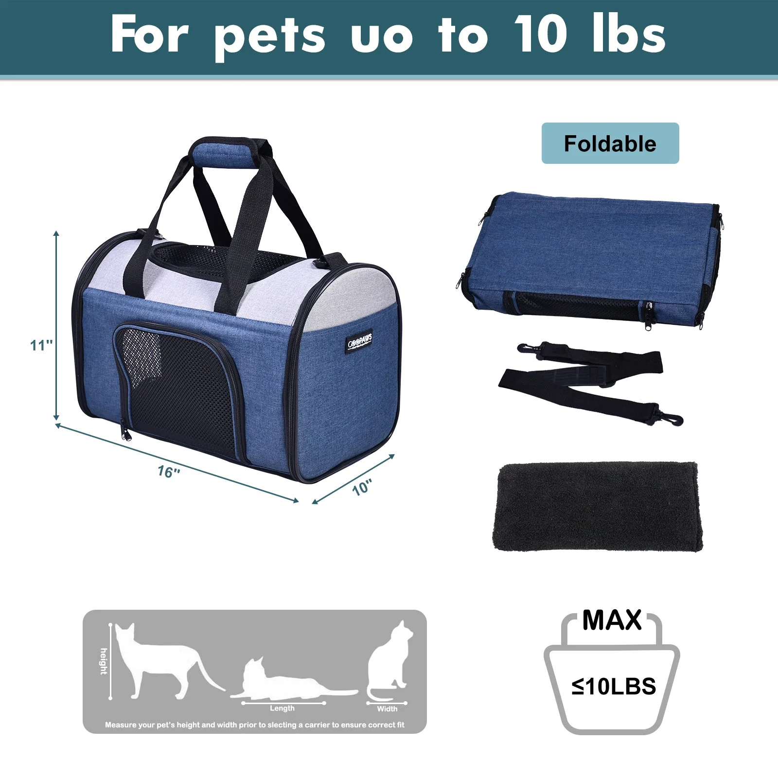 GOOPAWS Collapsible Airline Travel Pet Carrier Bag, Dark Blue, 16'' - Image 5