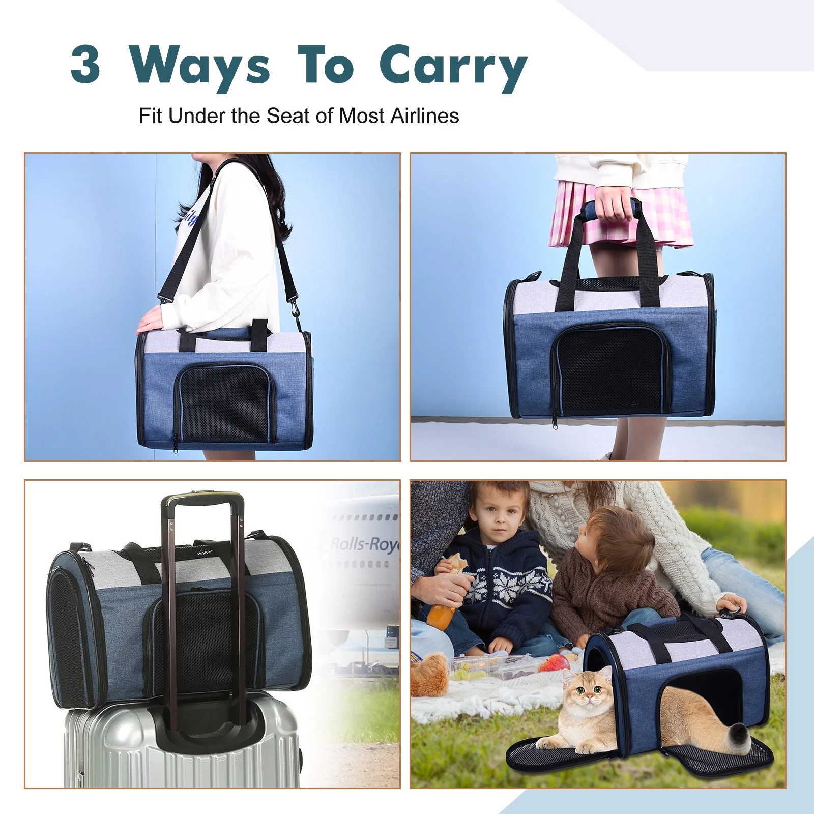 GOOPAWS Collapsible Airline Travel Pet Carrier Bag, Dark Blue, 16'' - Image 6