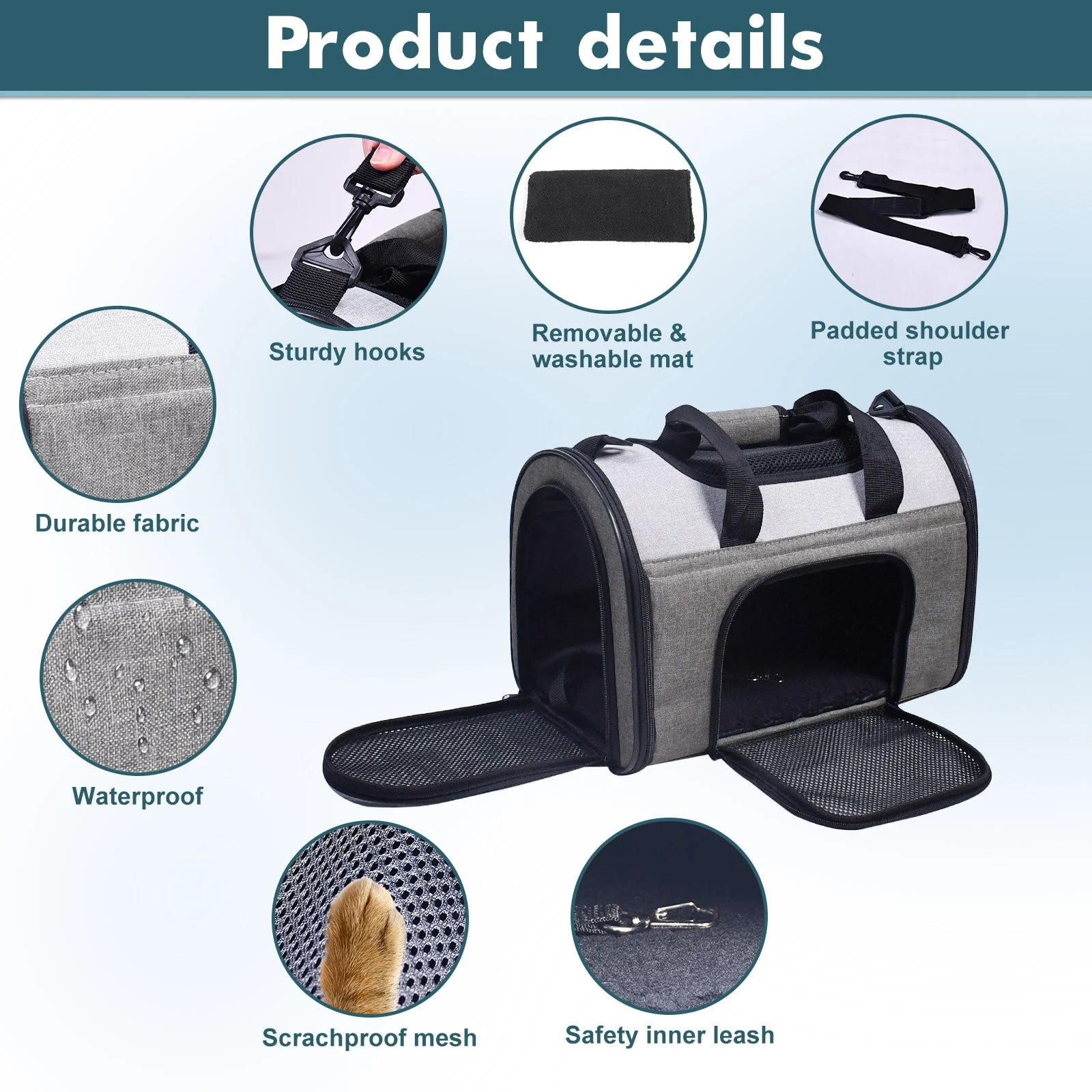 GOOPAWS Collapsible Airline Travel Pet Carrier Bag, Smoke Grey, 16'' - Image 3