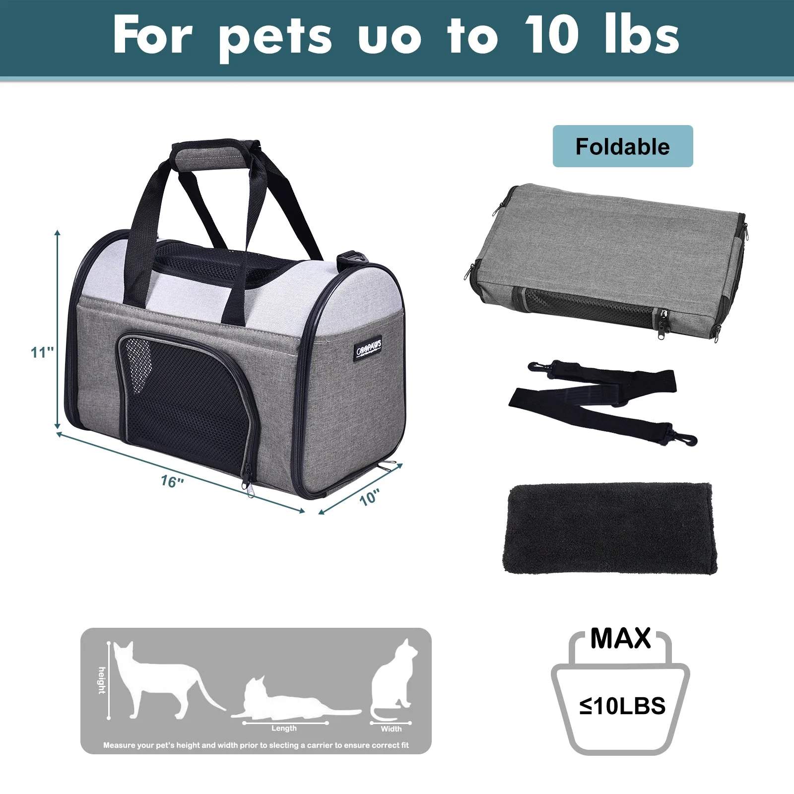 GOOPAWS Collapsible Airline Travel Pet Carrier Bag, Smoke Grey, 16'' - Image 6